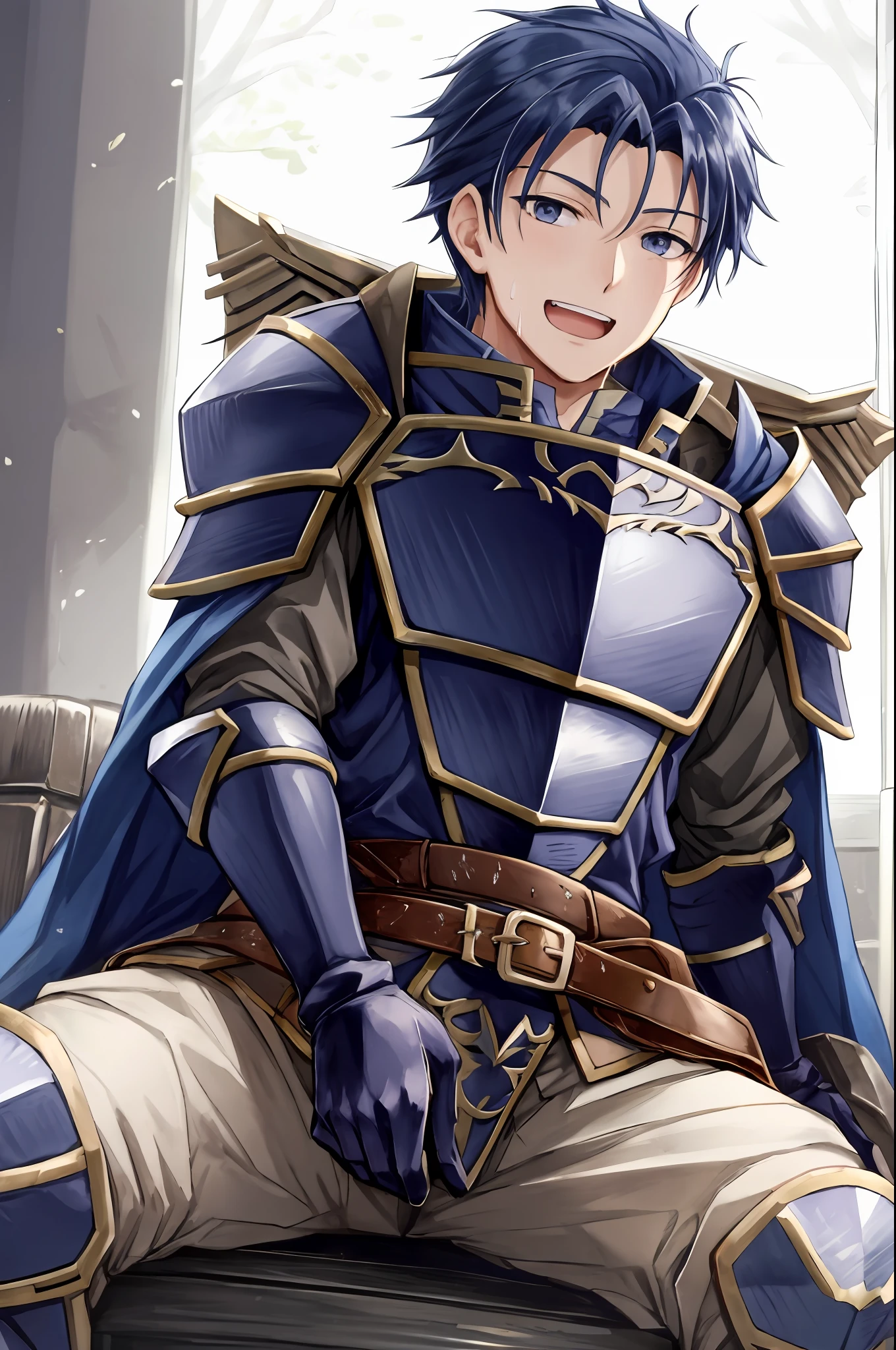 Hector Fey, 独奏, looks at the viewer, Teasing laughter, Open your mouth,droolng,perspire,Drenched,Get wet,mitts, 1 man, Male focus, Sit straddled(sitting in chair),Cloak, Armour, Shoulder armor, pov from below