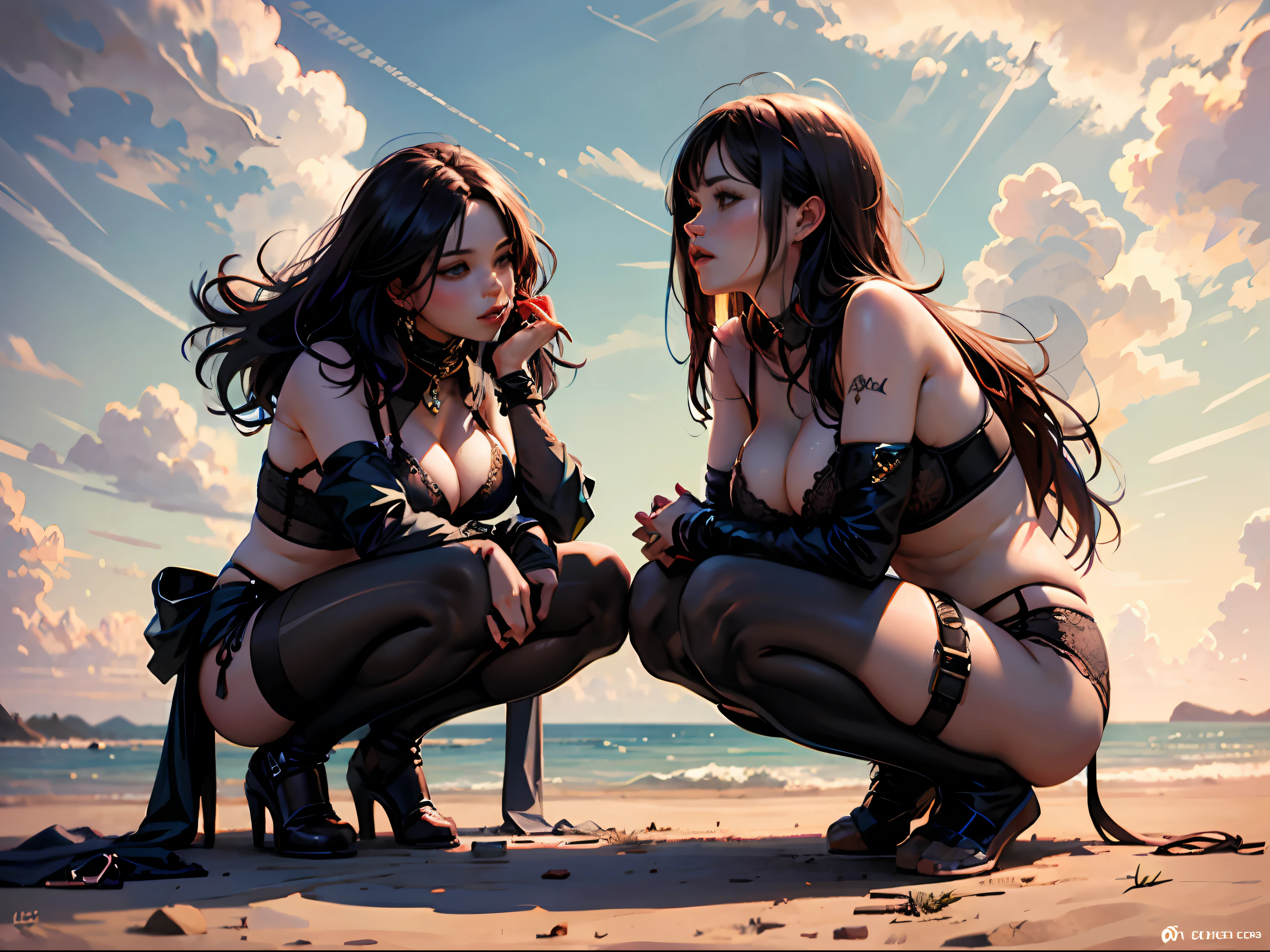 realistically, The whole body is in the shot, squatting down,dark-hair, long way hair, Clear lace bra, see-through thong,silk stockings,Collar,beachside, greatly detailed,Blush face,very huge breast, Grab your breasts with both hands,opens legs, Sexual arousal, sexual expressions, glossy skin,Temptation --auto