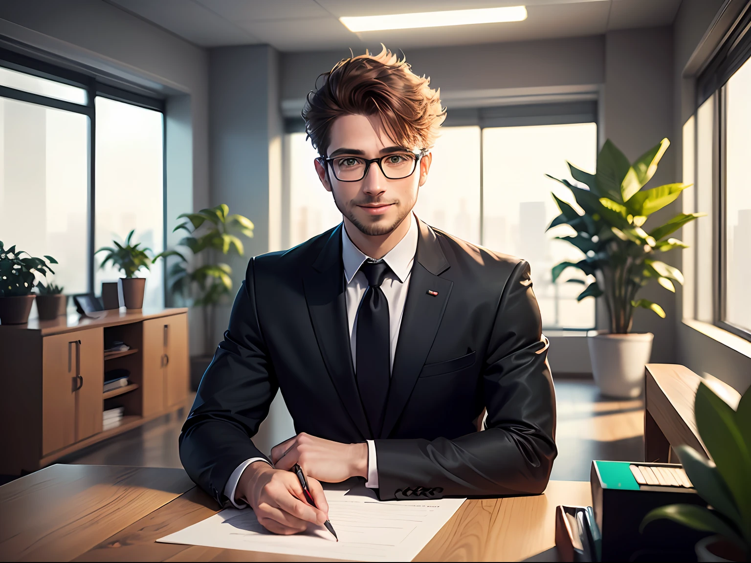 (extremely detailed, best quality) (colourful drawing, dynamic composition, interesting shadows, high contrast) Sales Manager wearing a black suit, white shirt, and a red tie. Sharp-looking glasses, neatly combed hair, confident smile. (office environment, modern interior design, natural light, green plants) --auto