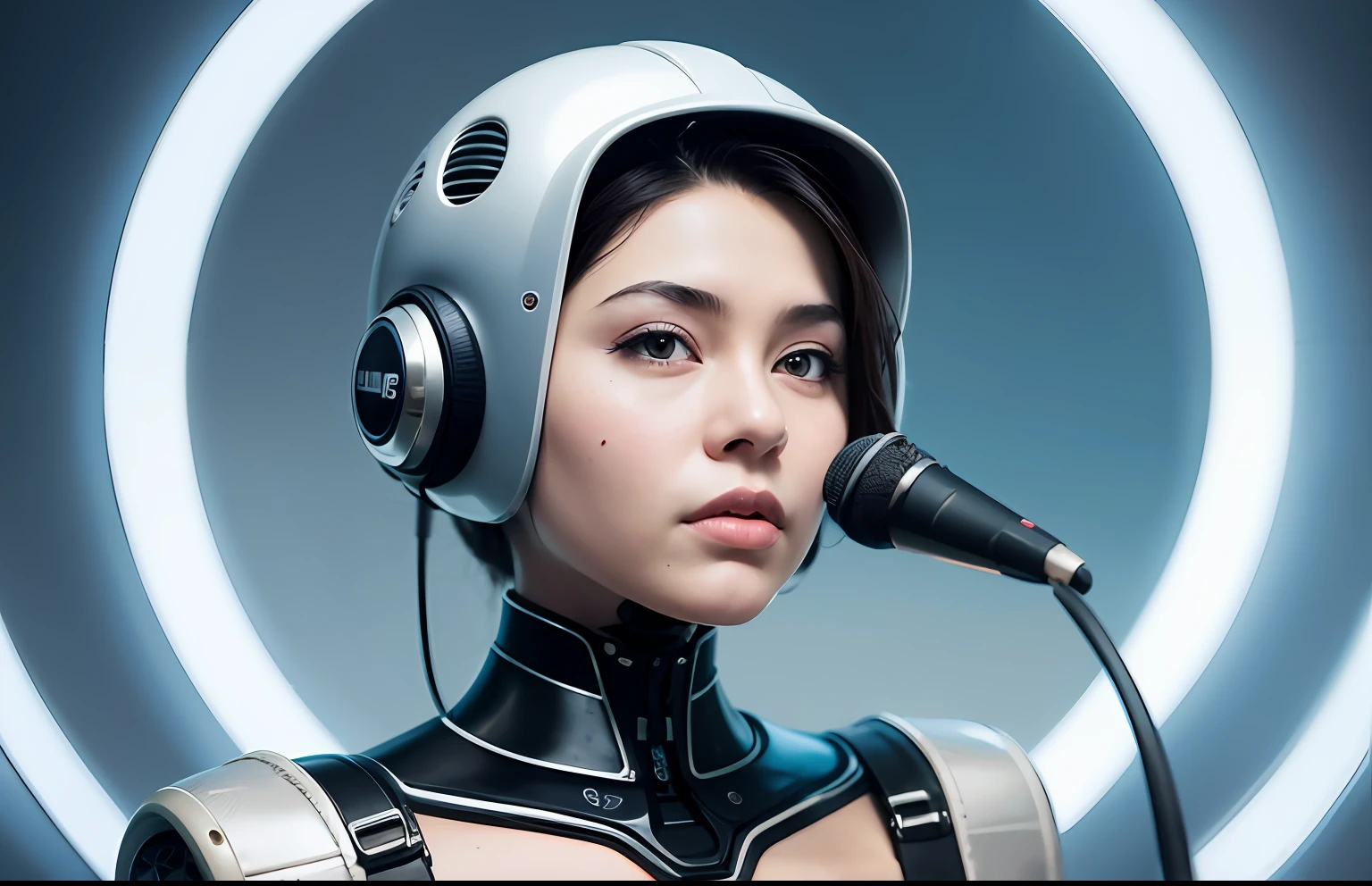 сложный 3D-рендер, ultra detailed beautiful porcelain android woman face, She holds the microphone like a DJ, zolotisní world, robotic parts, 150 mm, Beautiful studio soft light, Edge light, Striking details, Luxury cyberpunk, lace, hyperrealistic, anatomical, facial muscles, cable, electrical wires, microchip, elegant, beautiful background, Octane imaging, стиль HR Giger, 8K, the best qualityt, The Masterpiece, llustration, Extremely thin and beautiful, Extremely detailed, CG, unity, wallpaper, (realisti, photo-realistic: 1,37), startling, Finely detailed, The Masterpiece, the best qualityt, offical art, extremely detailed wallpapers Computer graphics Unity 8K, Absurd, incredibly absurd, robot, Silver helmet, The whole body, sedentary