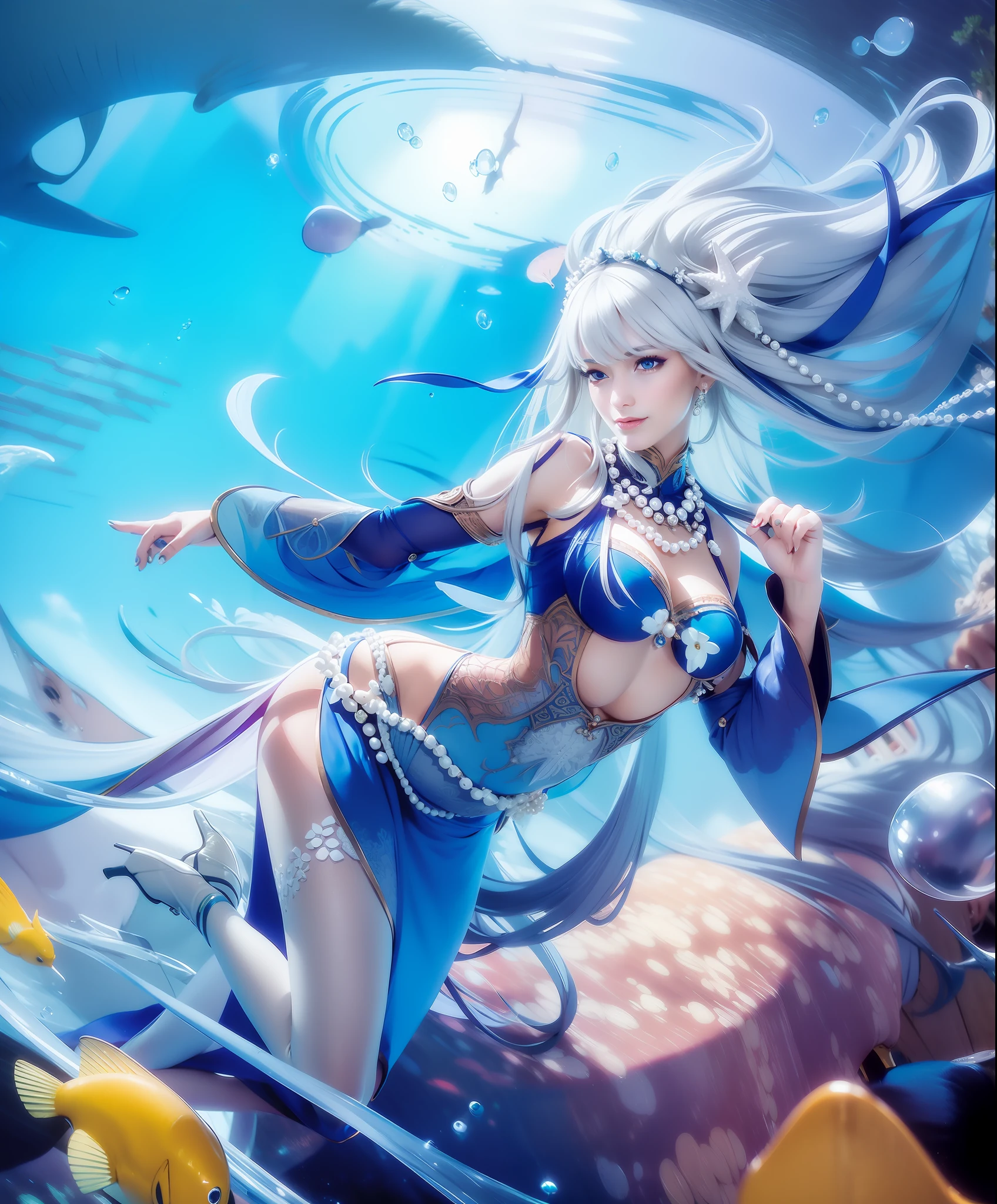 Woman, beautiful face, smile, blue eyes, Sexy blue dress, long white hair with perfect pearl necklace, ultra realistic, photorealistic, masterpiece, detail, Under the sea, perfect face, high heels, Picture perfect, Sharpen