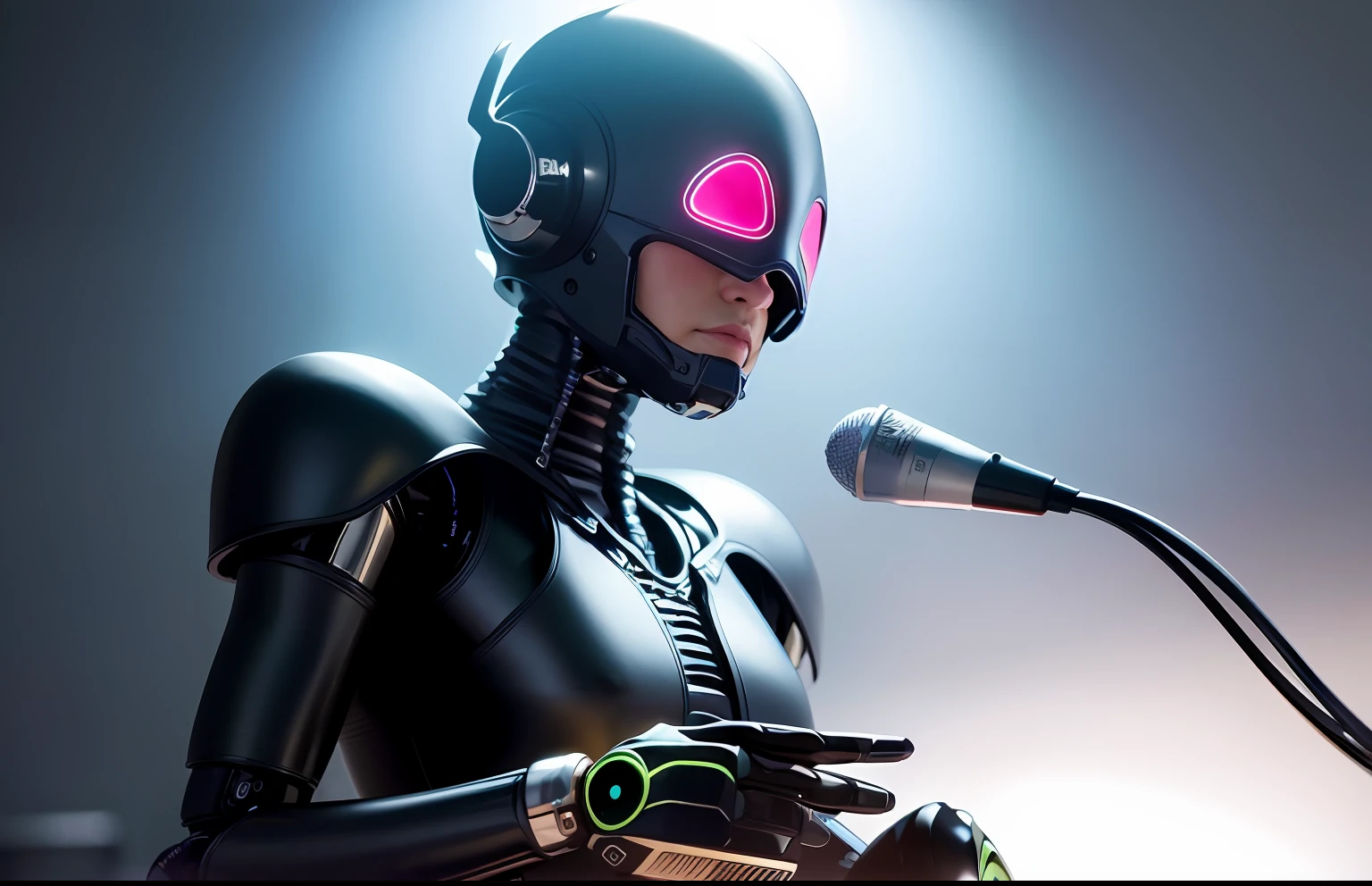 сложный 3D-рендер, ultra detailed beautiful porcelain android woman face, She holds the microphone like a DJ, zolotisní world,  robotic parts, 150 mm, Beautiful studio soft light, Edge light, Striking details, Luxury cyberpunk, lace, hyperrealistic, anatomical, facial muscles, cable, electrical wires, microchip, elegant, beautiful background, Octane imaging, стиль HR Giger, 8K, the best qualityt, The Masterpiece, llustration, Extremely thin and beautiful, Extremely detailed, CG, unity, wallpaper, (realisti, photo-realistic: 1,37), startling, Finely detailed, The Masterpiece, the best qualityt, offical art, extremely detailed wallpapers Computer graphics Unity 8K, Absurd, incredibly absurd, robot, Silver helmet, The whole body, sedentary