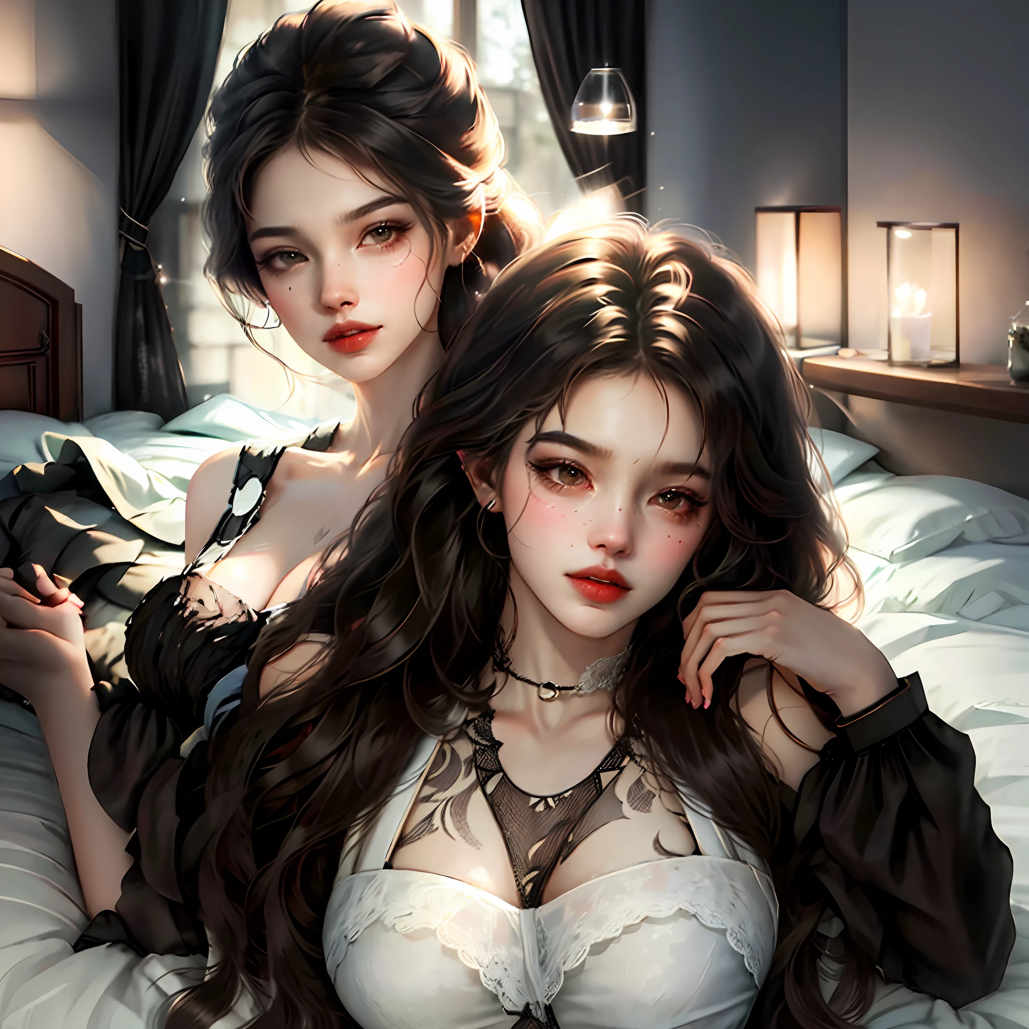 Two beauties,Wearing black stockings,A person lying in bed,Flushed face,The other rides on the girl's body,Grabbing the girl's breasts --auto