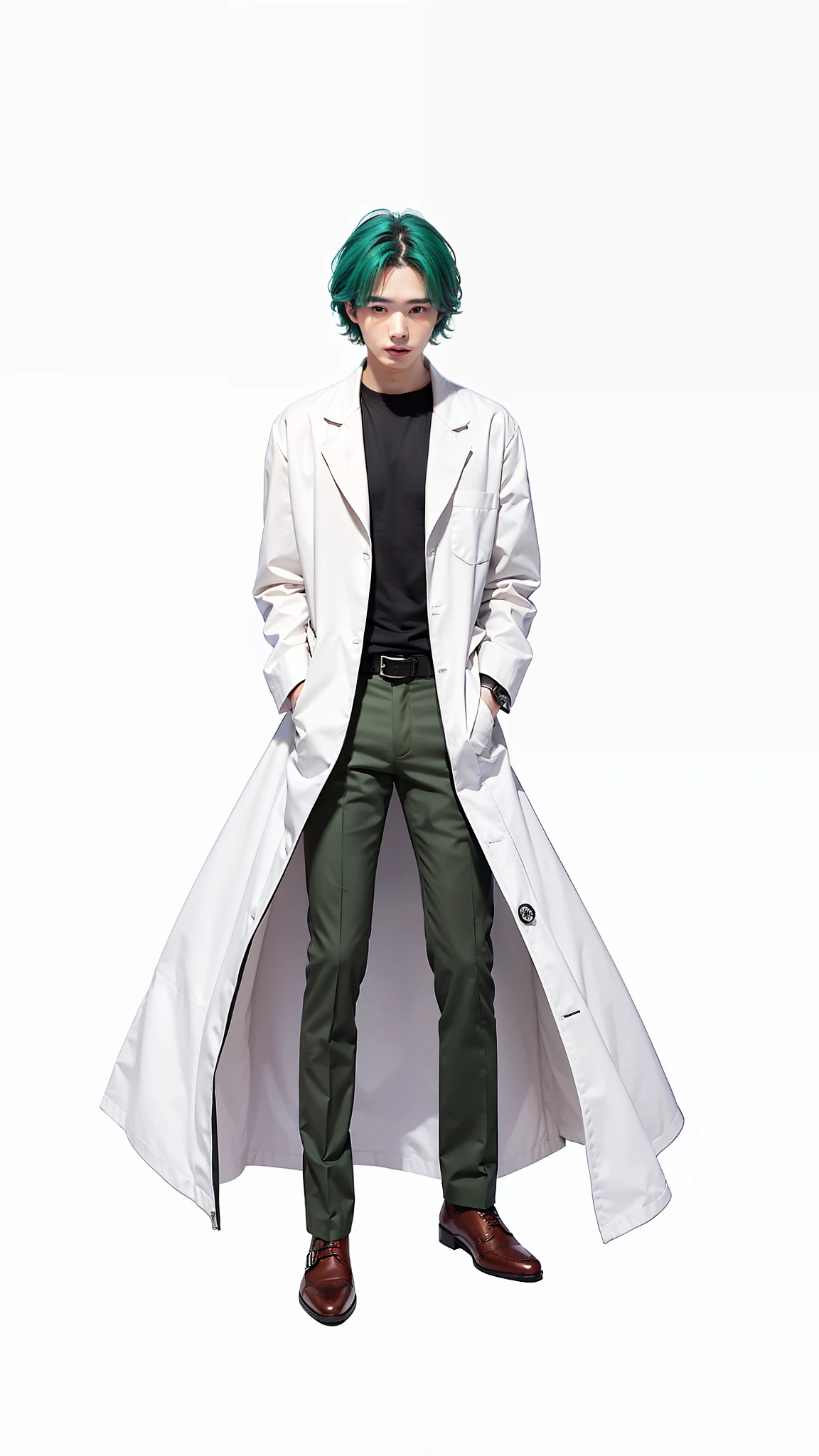 1men, handsome, warm undertone skin,  dark green-turquoise hair, black t-shirt, black long pants, white coat laboratory, scientist, brown shoes