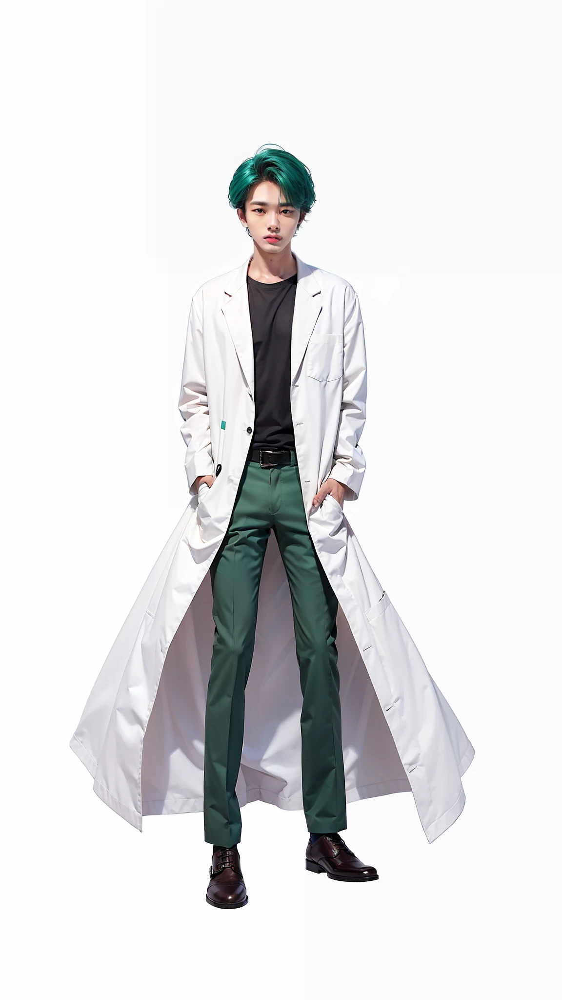 1men, handsome, warm undertone skin,  dark green-turquoise hair, black t-shirt, black long pants, white coat laboratory, scientist, brown shoes