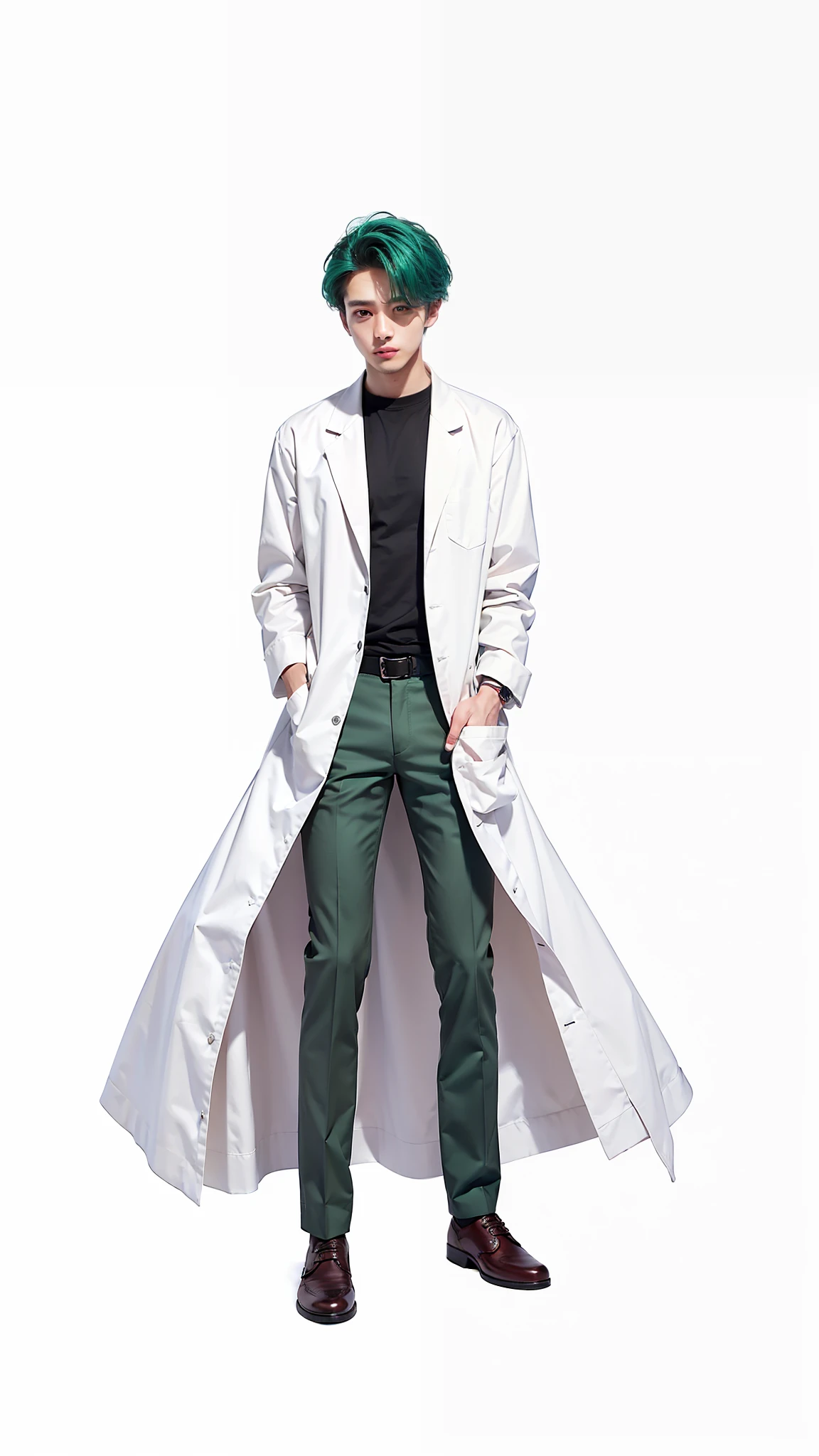1men, handsome, warm undertone skin, dark green-turquoise hair, black t-shirt, black long pants, white coat laboratory, scientist, brown shoes