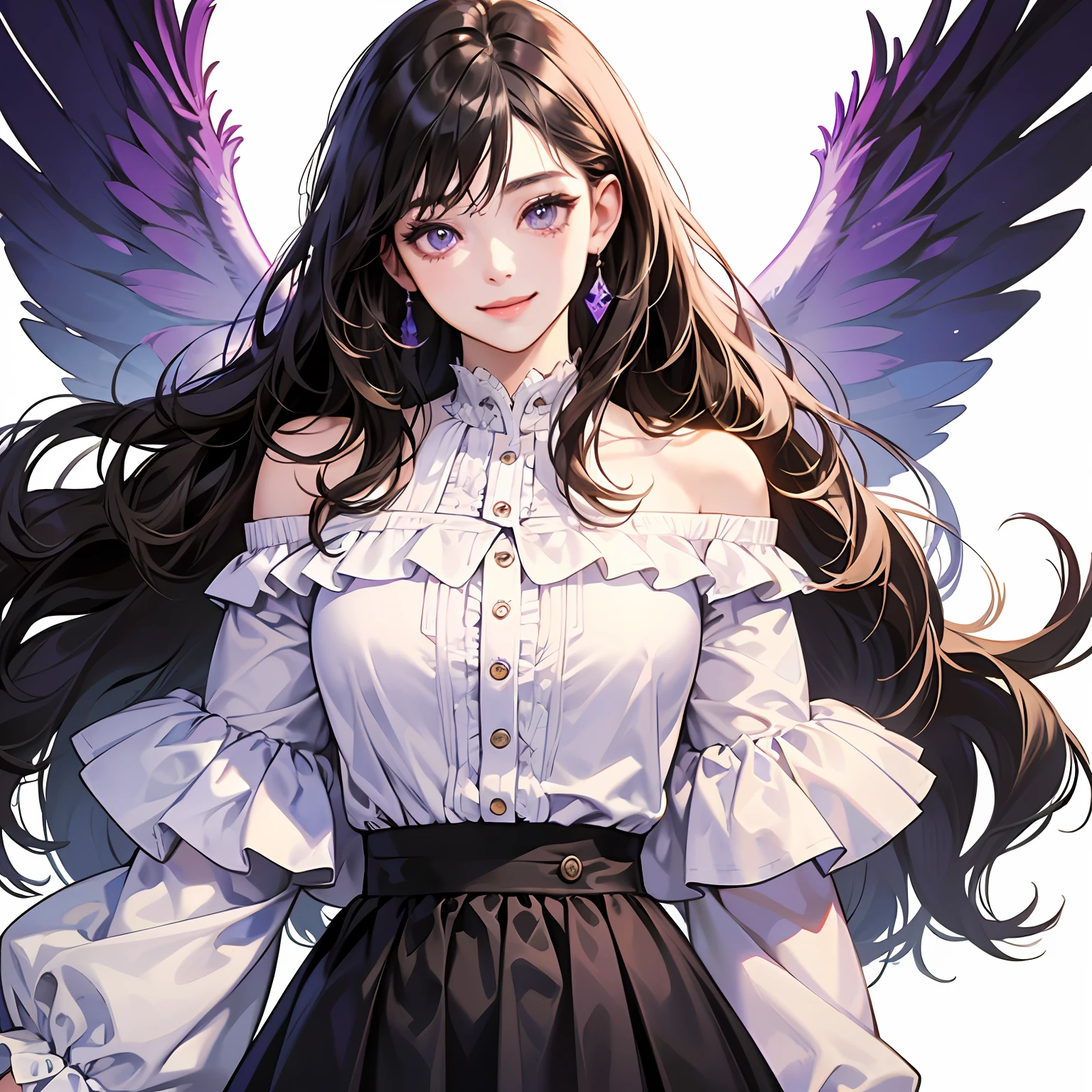 maximum quality、highly detail、masterwork、ultra- detailed、(realisti:1.2)、a 1girl、(White background)、Simple background、delicated eyes、brunet、Purple eyes、(White off-the-shoulder shirt:1.3)、Long hair、a smiling look、big chest、Panchira、all over the body skirt