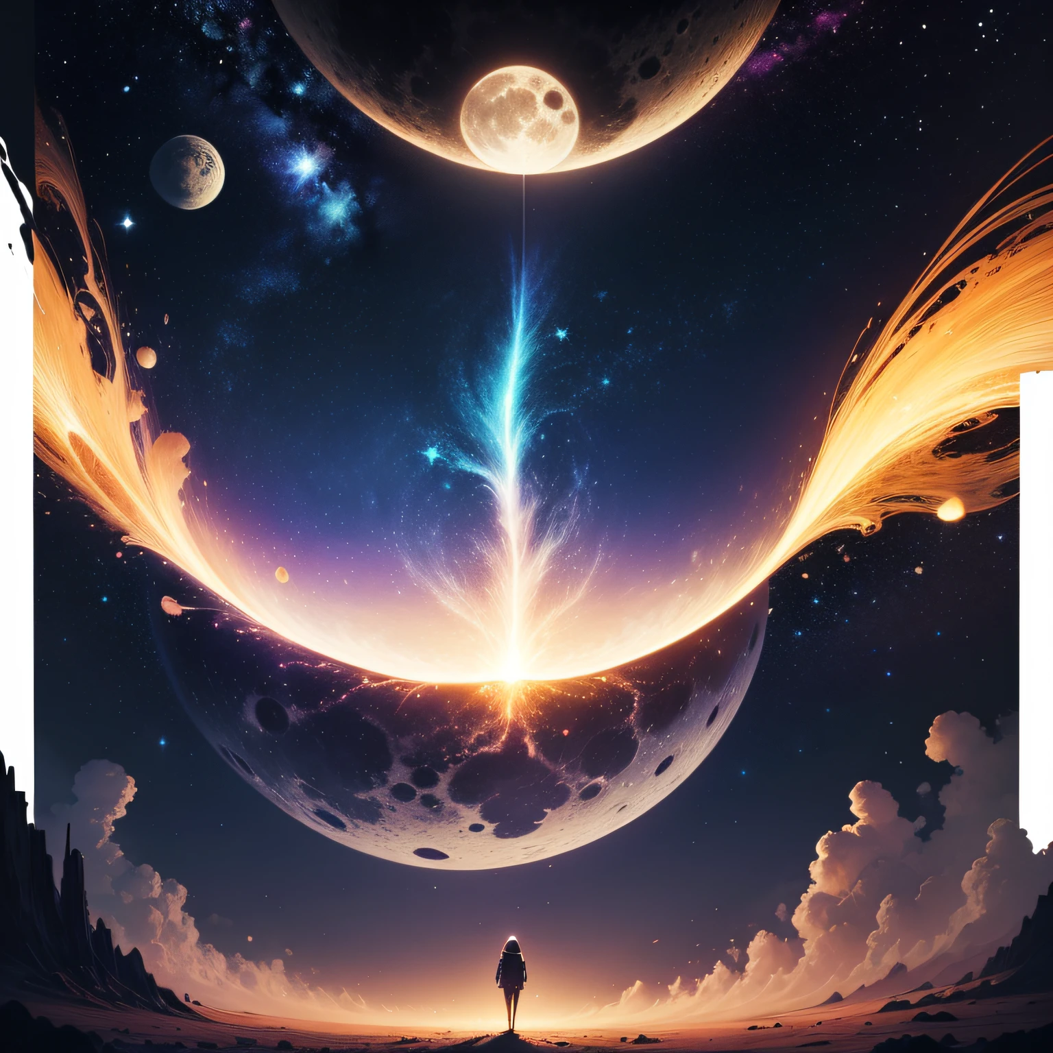 something spacy, universe, kind of retro design, stars and light, moon, psychecedelig graphics --auto