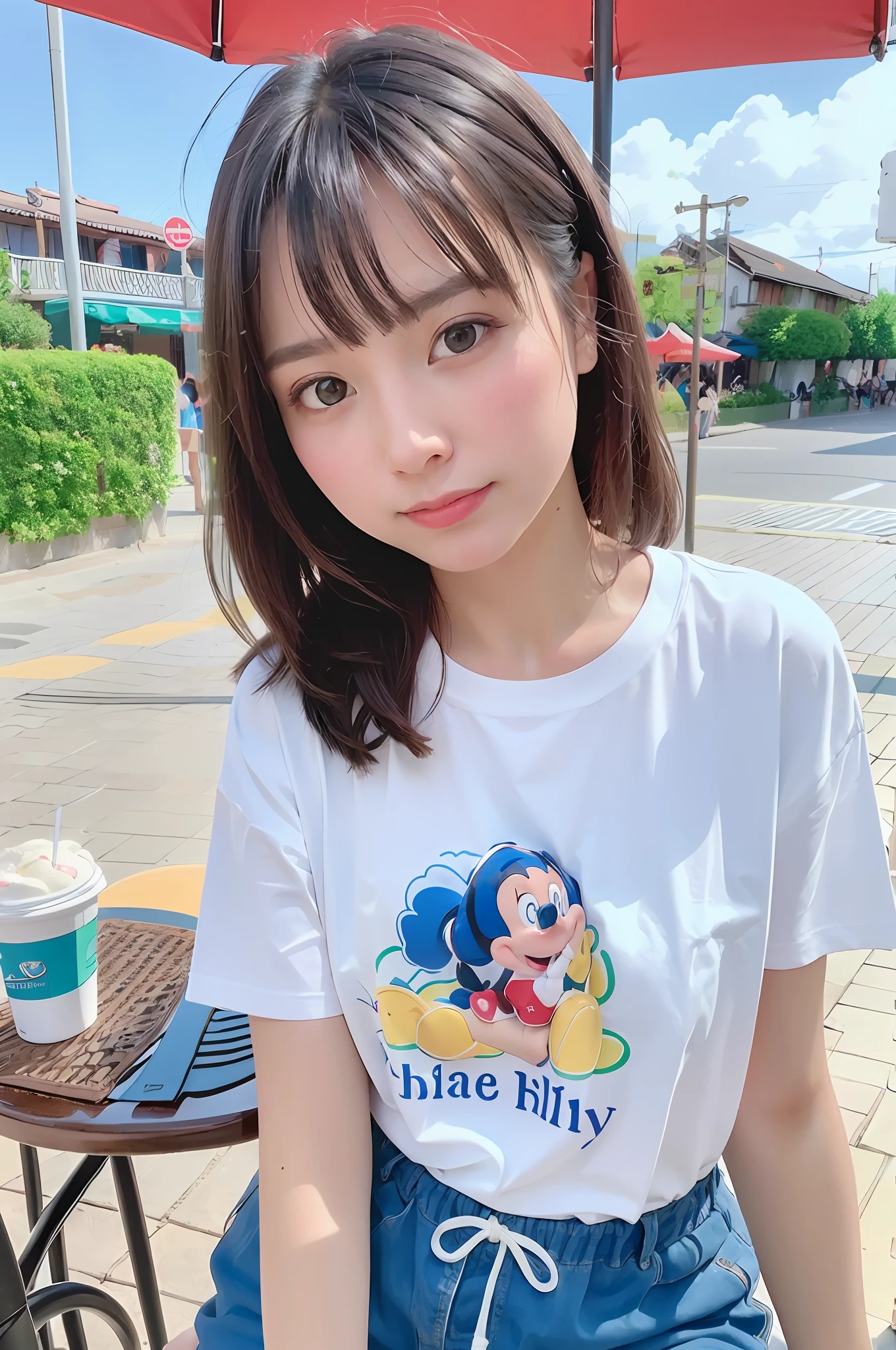 best qualiy、ultra-highresolution、(Photoreal:1.4)、blushed、a Pretty、(details face)、Light Smile、Looking at the camera、Upper Bust、T‐shirt、Selfie、Disney、sweets、Raising hands in a café on the beach promenade、Sit at the table and eat ice cream、Girl child wearing t-shirt and trouser sneakers、Tropical beaches、Beautiful cloudy sky、bright sunny day、(The Masterpiece:1.2)、(photorealestic:1.2)、(vokeh)、(best qualiy)、(detailed skin:1.3)、(ntricate detail)、(8K)、(Movie lighting)、(sharpening Focus