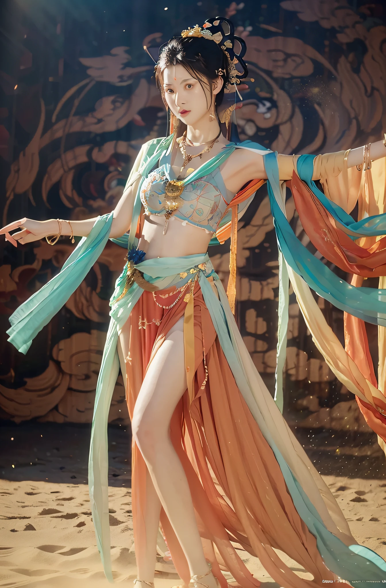 (8K, OriginalPhotographs, Best quality, The Masterpiece:1.2), (Realistic, photo-realistic:1.4), (Extremely detailed CG unity 8k wallpaper), 1 Girl Solo, Dance, （Raise the front leg position），dunhuang_dress, dunhuang_style, dunhuang_backgrounds,