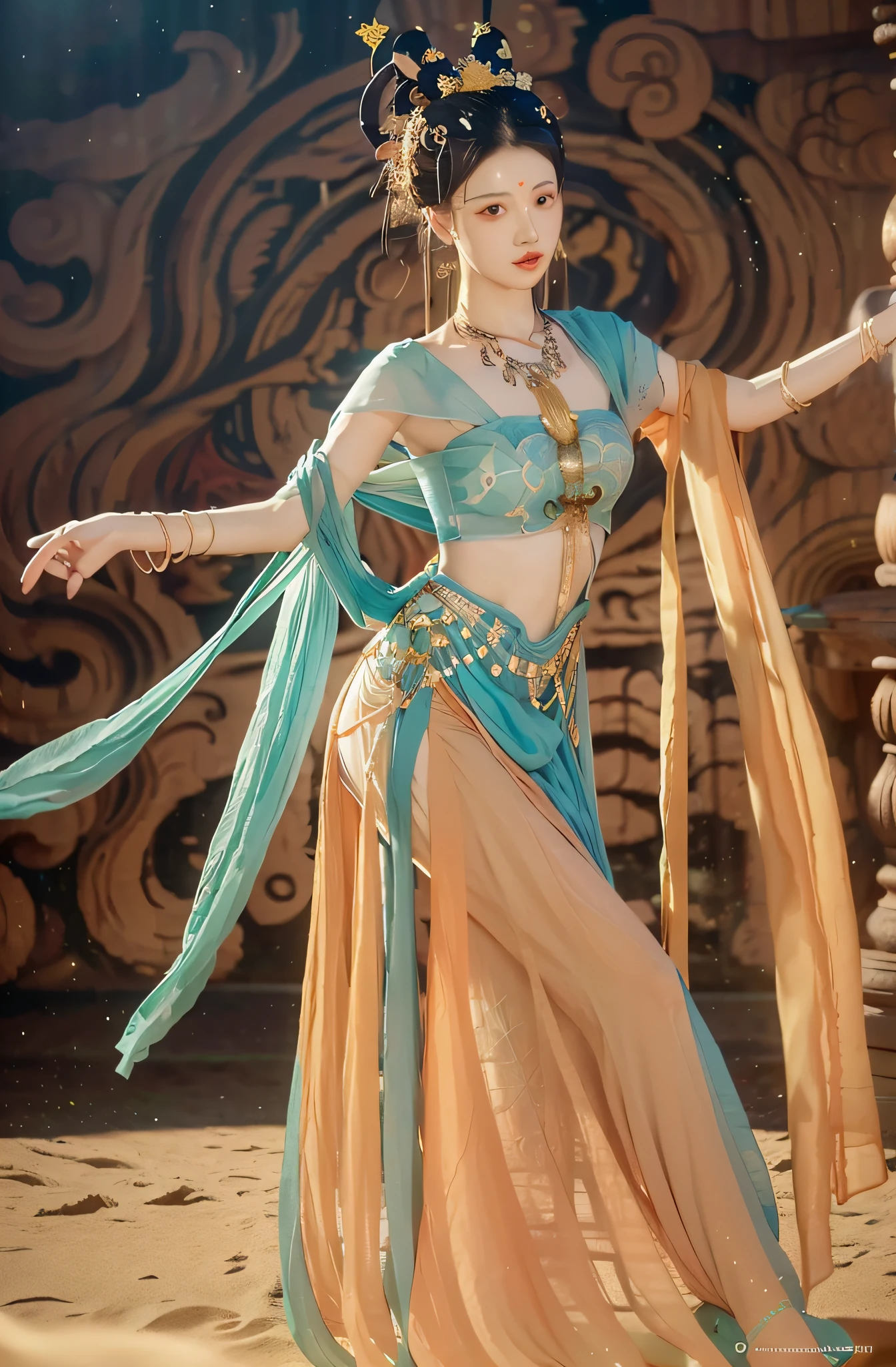 (8K, OriginalPhotographs, Best quality, The Masterpiece:1.2), (Realistic, photo-realistic:1.4), (Extremely detailed CG unity 8k wallpaper), 1 Girl Solo, Dance, (Raise the front leg position),dunhuang_dress, dunhuang_style, dunhuang_backgrounds,
