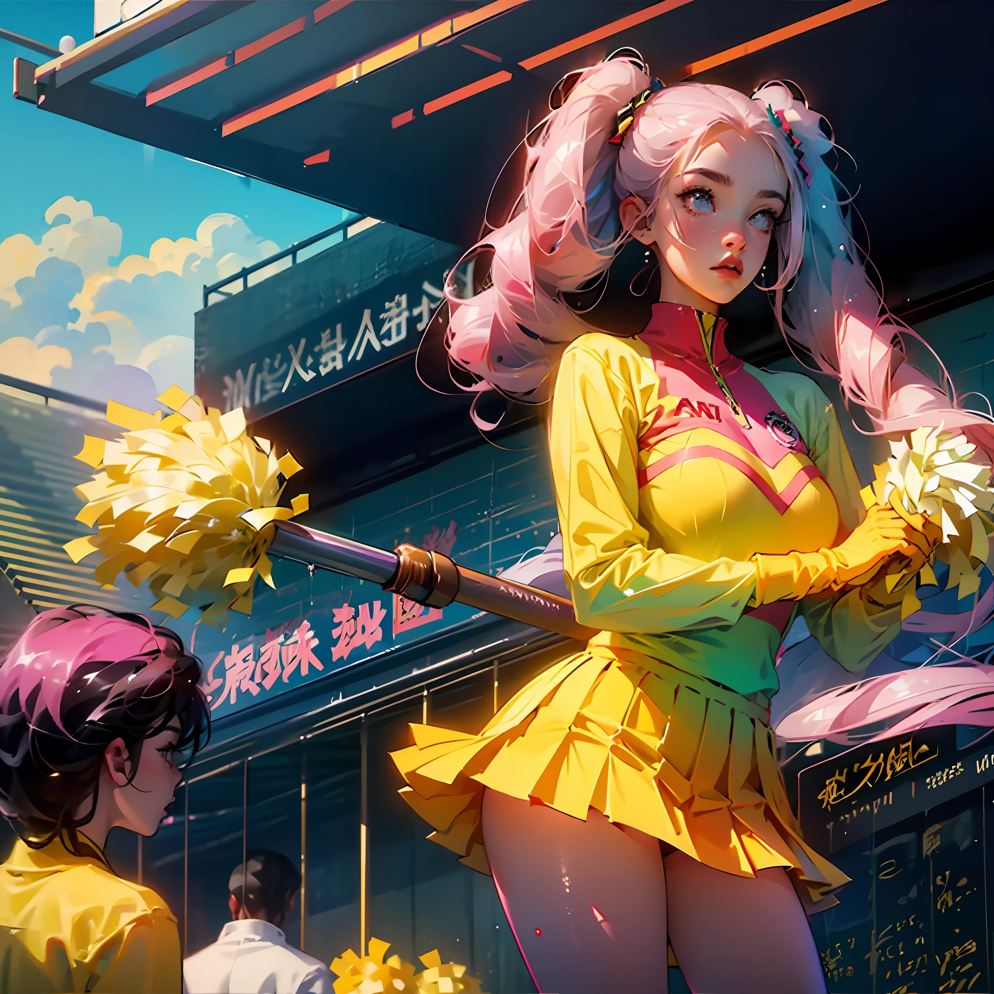 On the stadium,1 girl, Yellow Cheerleaders costume, masturbation, twintail, pink hair, micro skirt, huge squirt,  exposed, wet --auto
