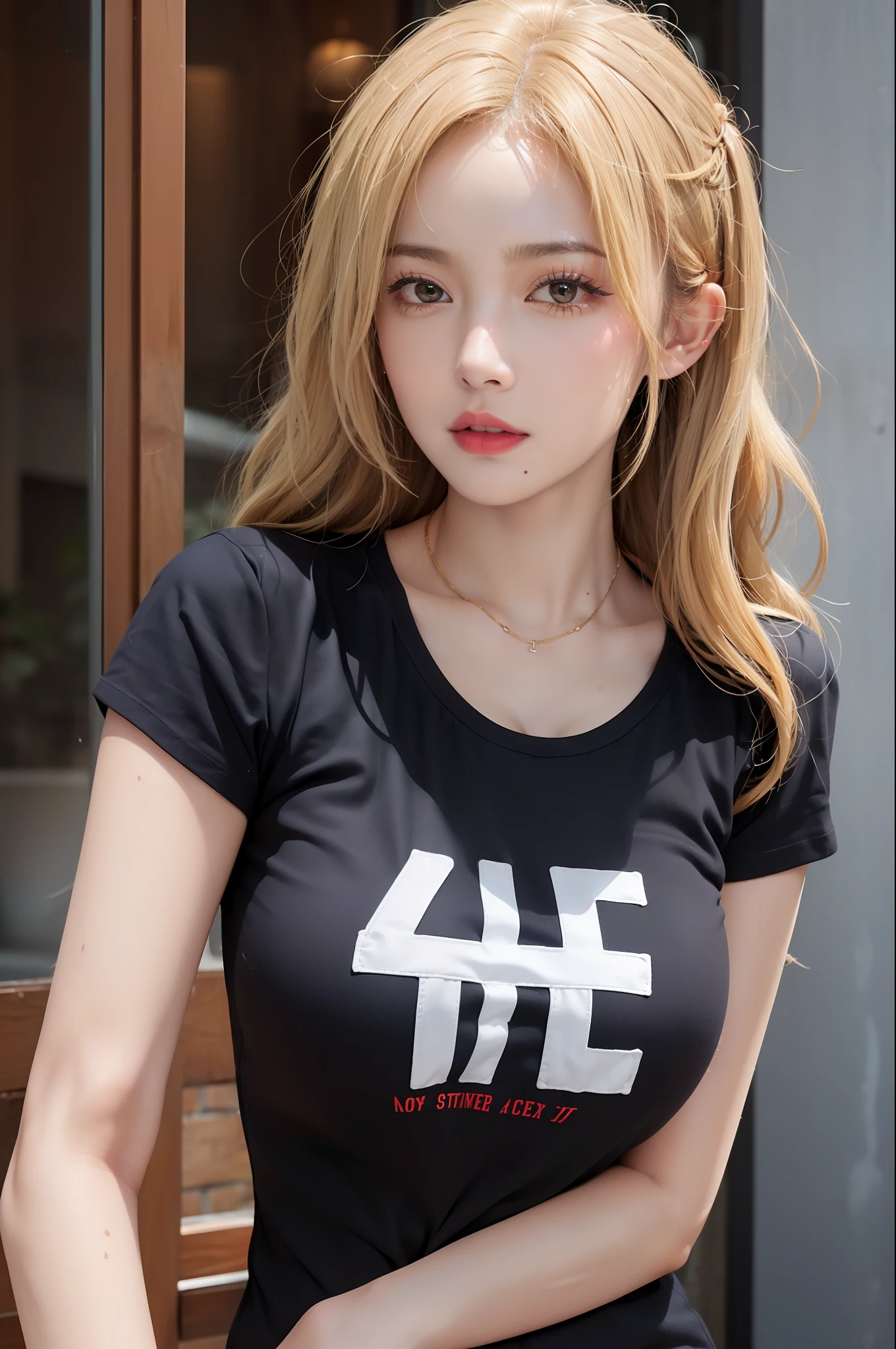 (1girl),large breasts, breasts, tan, dewy skin, sweaty skin, wavy blonde hair, punk tshirt, punk girl