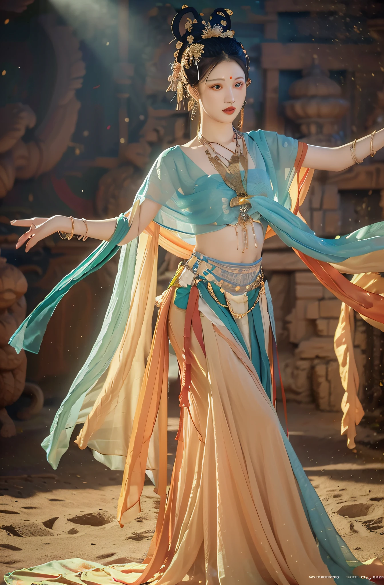 (8K, OriginalPhotographs, Best quality, The Masterpiece:1.2), (Realistic, photo-realistic:1.4), (Extremely detailed CG unity 8k wallpaper), 1 Girl Solo, Dance, (Raise the front leg position),dunhuang_dress, dunhuang_style, dunhuang_backgrounds,