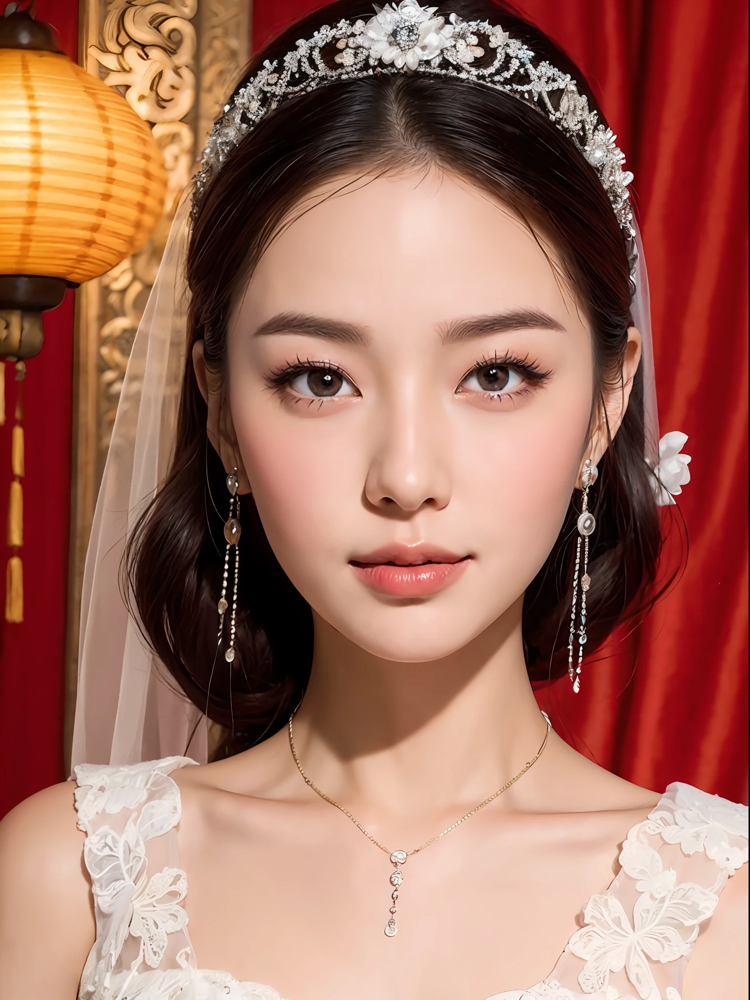 Chinese style, classical beauty, bride, red wedding dress, lantern, big red quilt, very beautiful facial features, detailed facial features, big eyes, double eyelids, slight smile