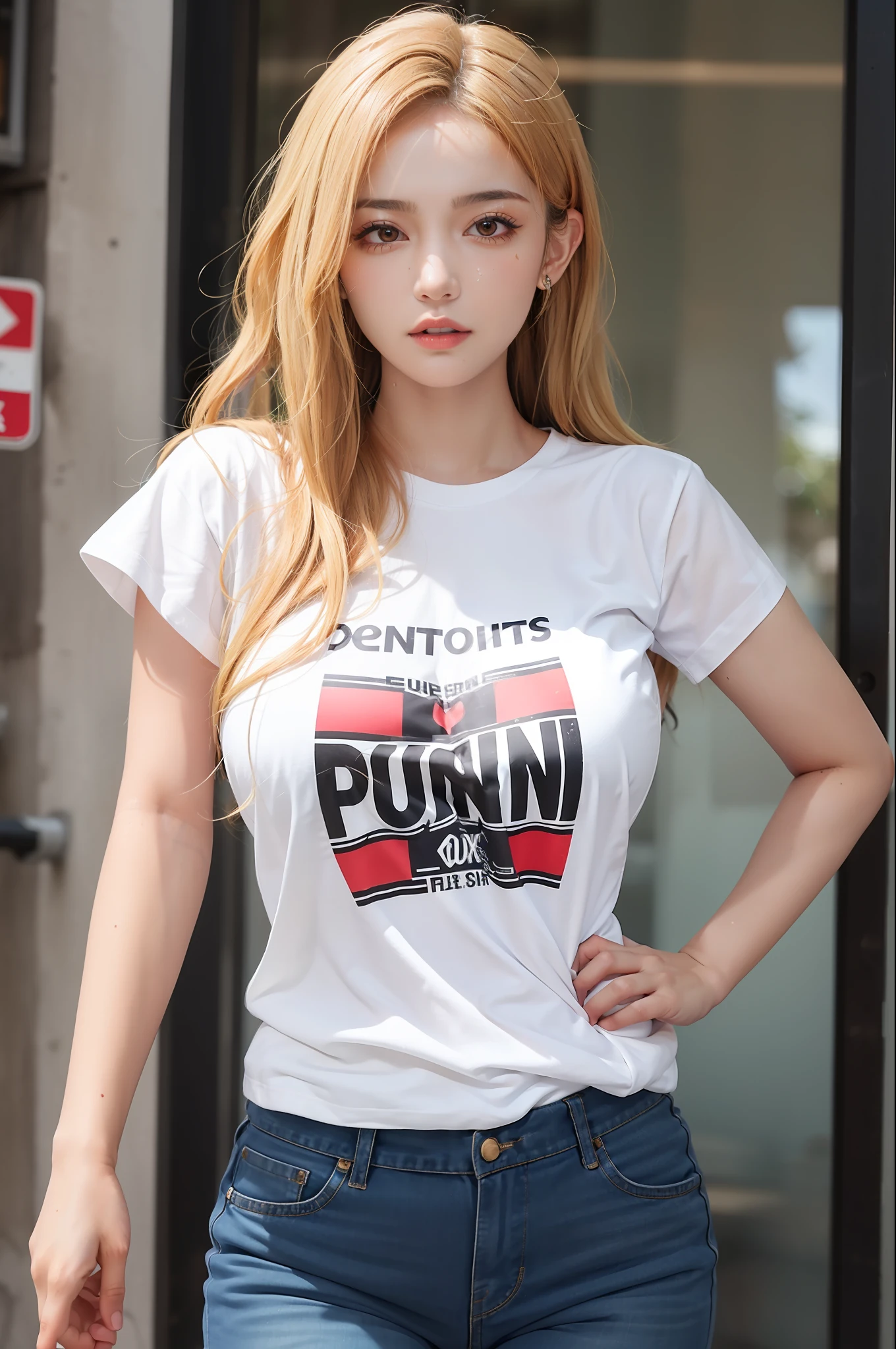 (1girl),large breasts,  breasts, tan, dewy skin, sweaty skin, wavy blonde hair, punk tshirt, punk girl