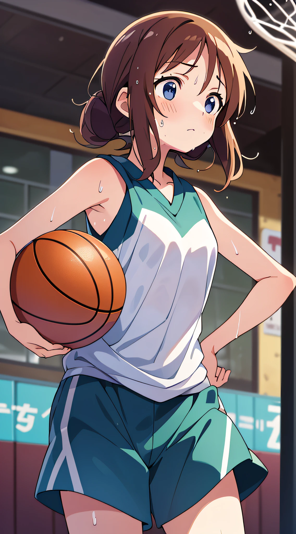 (best qualiy,anime,Anime Art Style:1.2) yuyushiki, Young girls, 13yo, Wet with sweat、Playing the Basketball, (Looking away:1.5),Sleeveless,During a basketball game