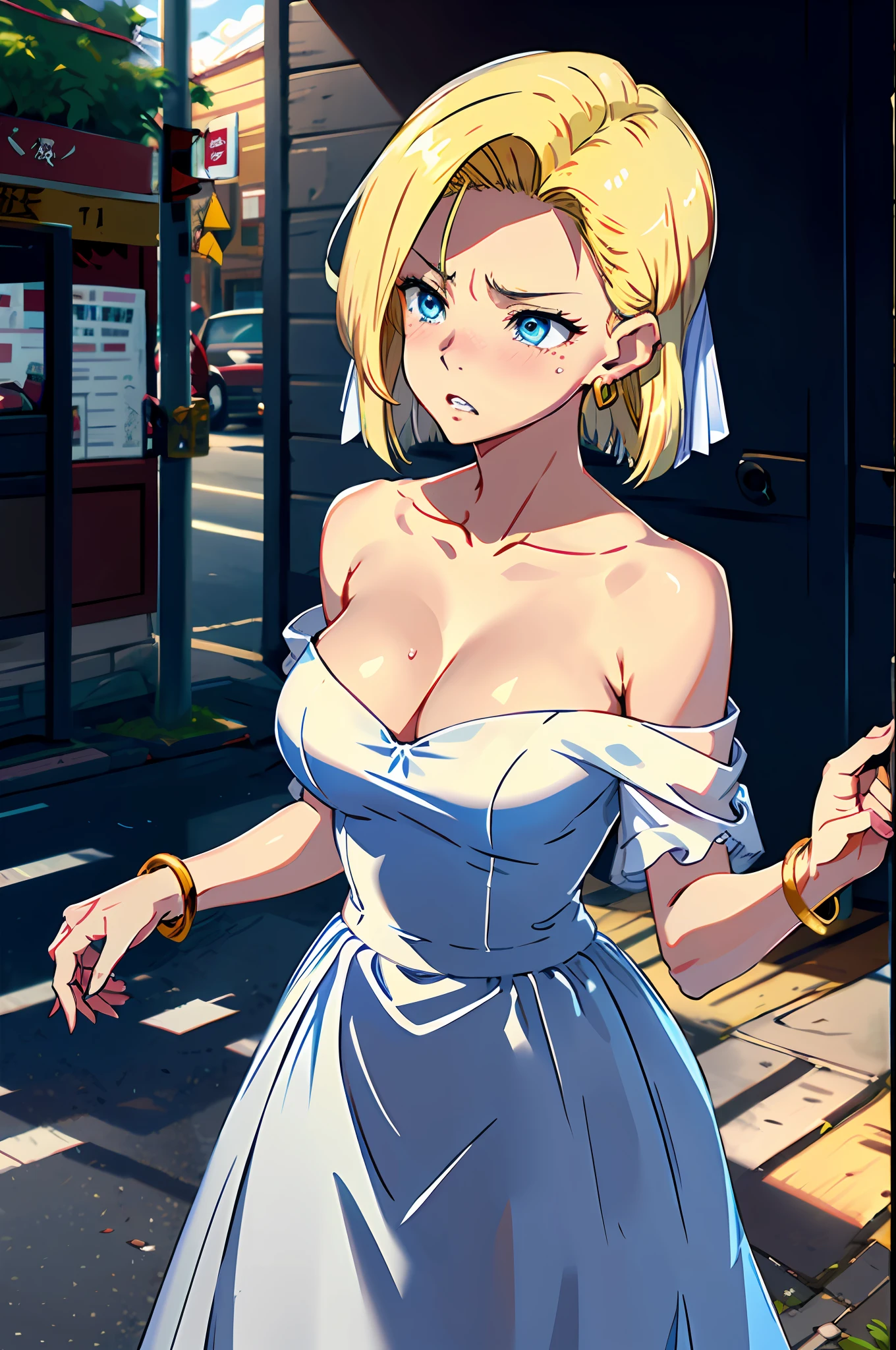 best qulity， high - resolution， and 18， 1girls， Android 18， 独奏， blonde  hair， blue eyes， shorter hair， ear ring， jewelries， Large breasts， cowboy shot， Streets， （weddingdress：1.3）， off shoulders， weep