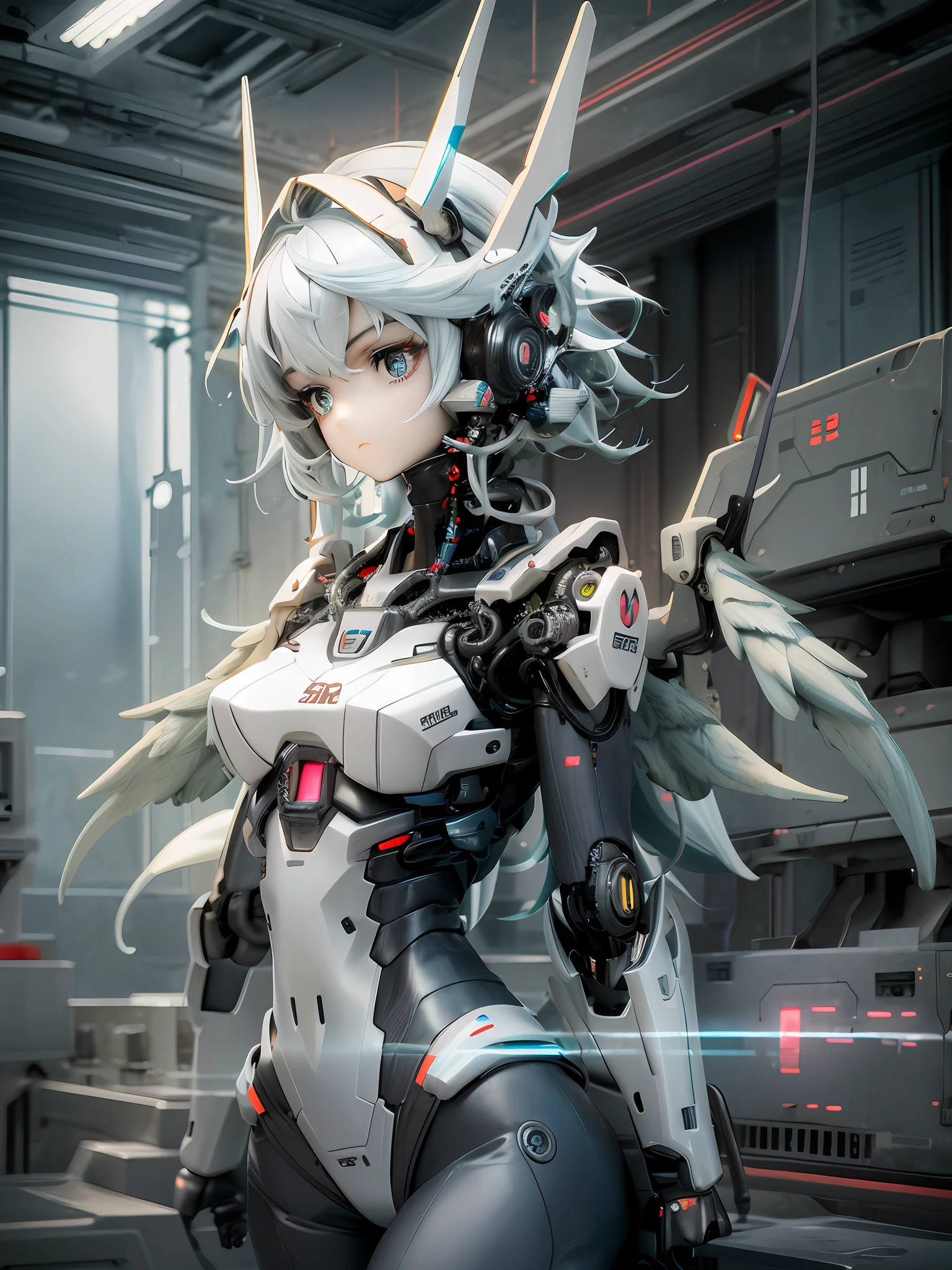 1girls, Electronic blue color, whited , Pastel colors、Bright atmosphere、Machine Man、White hair、Futuristic atmosphere、Despressing、white eyes、Longhaire、Exposed、the body is connected by a cable、Slender body, Upper body, headgear, machine wings, the universe, The god Machines, expressionless