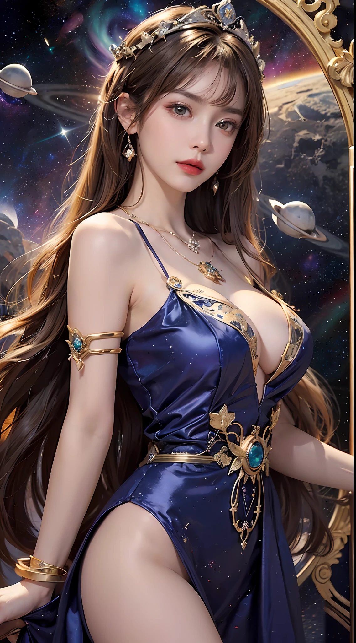 1 27-year-old girl, 1 zodiac goddess from the future, goddess of the pink and purple 12 zodiacs, the goddess of the zodiac in a yellow ao dai, a 12 zodiac ao dai with many black lace detail, mythology Goddess of the 12 zodiacs from the future, zodiac ♏, luxurious glittering zodiac style, dark and mysterious version, zodiac crown, lipstick lips red, thin and beautiful lips, don't smile, keep your mouth shut, characters made by karol bak and pino daeni, intricate detail, detailed background, extremely detailed, light magic, a woman, clear face, look at the face of goddess zodiac look at the zodiac goddess face, moderately large breasts, round breasts, Big and round breasts, hair long with bangs, beautiful face in detail and well-proportioned eyes, (transparent yellow eyes: 1.8), big round eyes and very beautiful and detailed makeup, foresight, silk dress, mysterious makeup, Bangles, double bangs and dyed light blonde, upper body, (zodiac goddess upper body: 1.9), arms hanging loosely, Realistic and vivid photo, (stars make up the zodiac: 1.7), (sky background zodiac and fictitious space and time portal: 1.8), fiction art, RAW photo, hanfu picture, best photo, high_res, best quality, best photo quality, 8k quality, 8k ultra, super realistic, real photo most economical, artistic portrait of goddess zodiac, 1 symbol of 12 zodiac signs on the back, single portrait of 1 zodiac goddess, The most realistic color scheme, the best photo color, masterpiece, hair ornament, necklace, jewelry, Beautiful face, upon body, tyndall effect, photo realistic, dark studio, rim lighting, two tone lighting, (high detailed skin:1.2), 8k uhd, dslr, soft lighting, high quality, volumetric lighting, candid, Photograph, high resolution, 4k, 8k quality, Bokeh, Smooth and sharp, increase the pixel by 10x, Charming zodiac goddess, sexy zodiac goddess, (background space:1.8), (galaxy: 1.7), aurora, lightning, (Auroral Background: 1.8),(Virgo zodiac sign: 1.8), <lora:locon_perfecteyes_v1_from_v1_