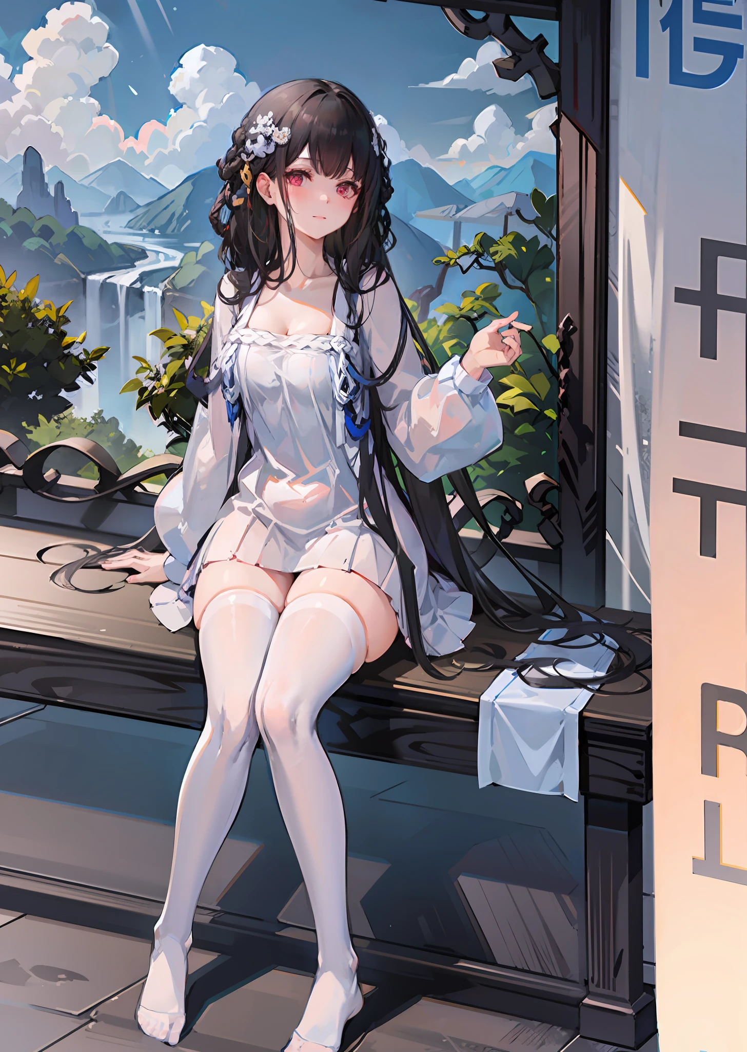 best quality,masterpiece,illustration,an extremely deciple and beautiful,extremely detailed,CG,unity,8k wallpaper,Amazing,finely detail,master,best quality,official art, extremely detailed CG unity 8k wallpaper, ridiculous, incredibly ridiculous, huge file size, super detailed, high resolution, very detailed, pretty detailed girl, very detailed eyes and face, beautiful detailed eyes, light on face, (Hanfu: 1.1), 1girl, full body, full body In a beautiful pavilion, a girl with black hair and white dress, white knee-length stockings sitting on a stone bench, looking at the blue sky and white clouds in the sky. A gentle breeze ruffled her hair. The water splashed from the waterfall behind him, wetting the skirt. The sun shone on her, and she smiled, wet