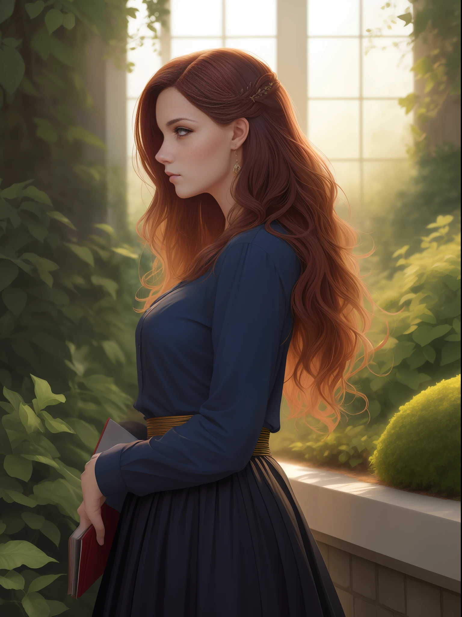 one lady, best quality, highest quality, lighting, garden, extremely detailed, ultra realistic, sharp focus, (HDR: 1.2), (high contrast), detailed and intricate, portrait, highly detailed, digital painting, smooth, sharp focus, illustration, Style-lady, dark green eyes, long hair, wavy hair, red, ginger, red, head, head tilt, front profile, 3/4 face, dark blue long shirt, long black skirt, Bible in hand, looking at the viewer