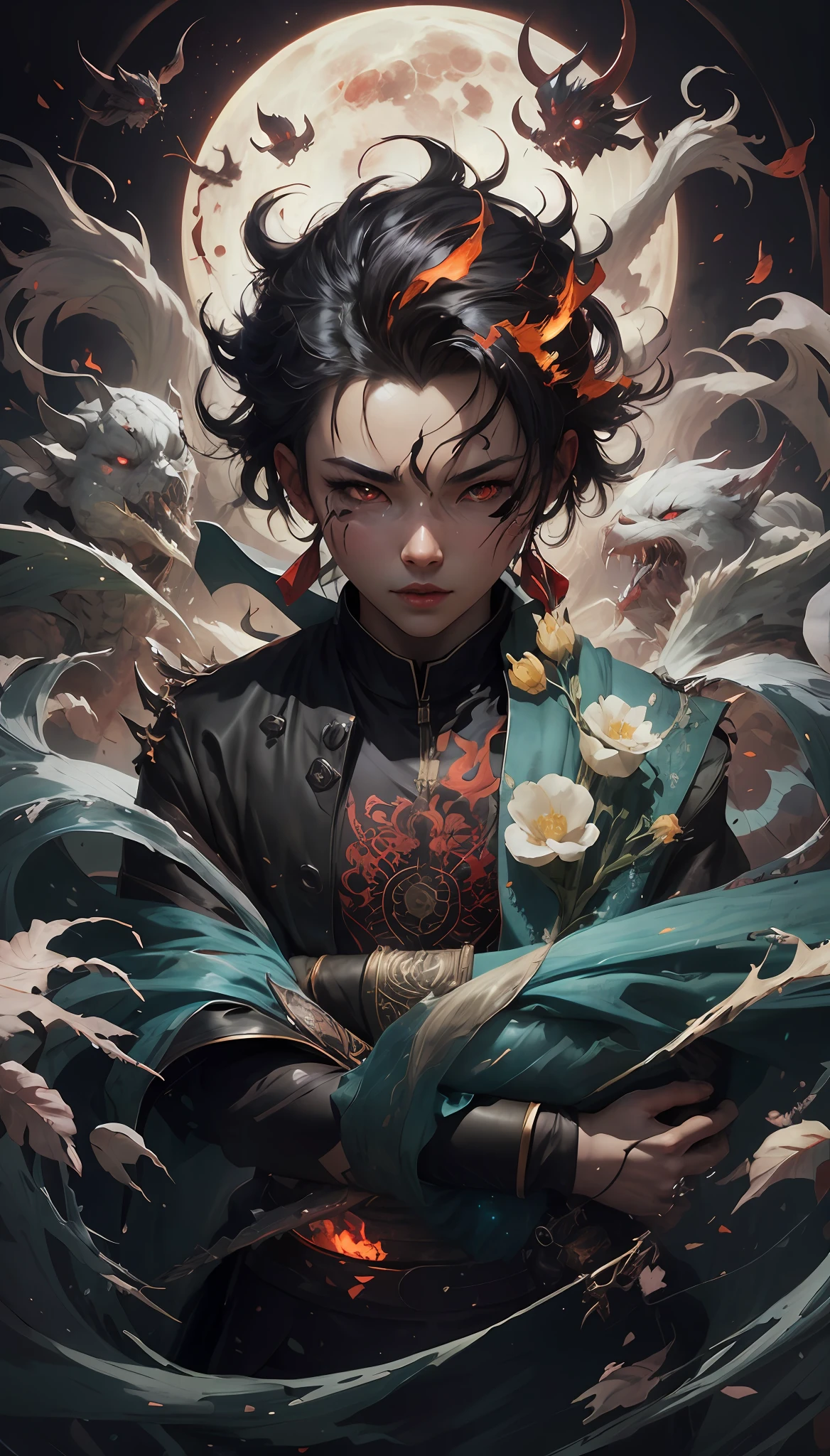 a close up of a person holding a flower in front of a full moon, artwork in the style of guweiz, by Yang J, ross tran 8 k, handsome guy with demonic red eyes and is in demon slayer art like Tanjiro, ross tran and bayard wu, ross tran and wlop, wlop and ross tran, inspired by Yanjun Cheng, guweiz on pixiv artstation