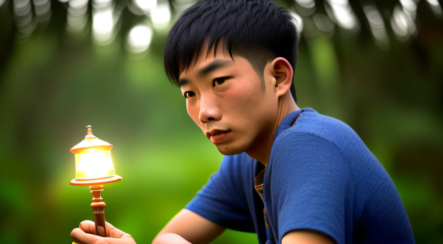 The story of a young disciple named Punna, homen, 22 anos, careca, magro, Chinese. Uma imagem em close-up do rosto de um idoso vietnamita, illuminated by the light of the sky, com uma floresta ao fundo.