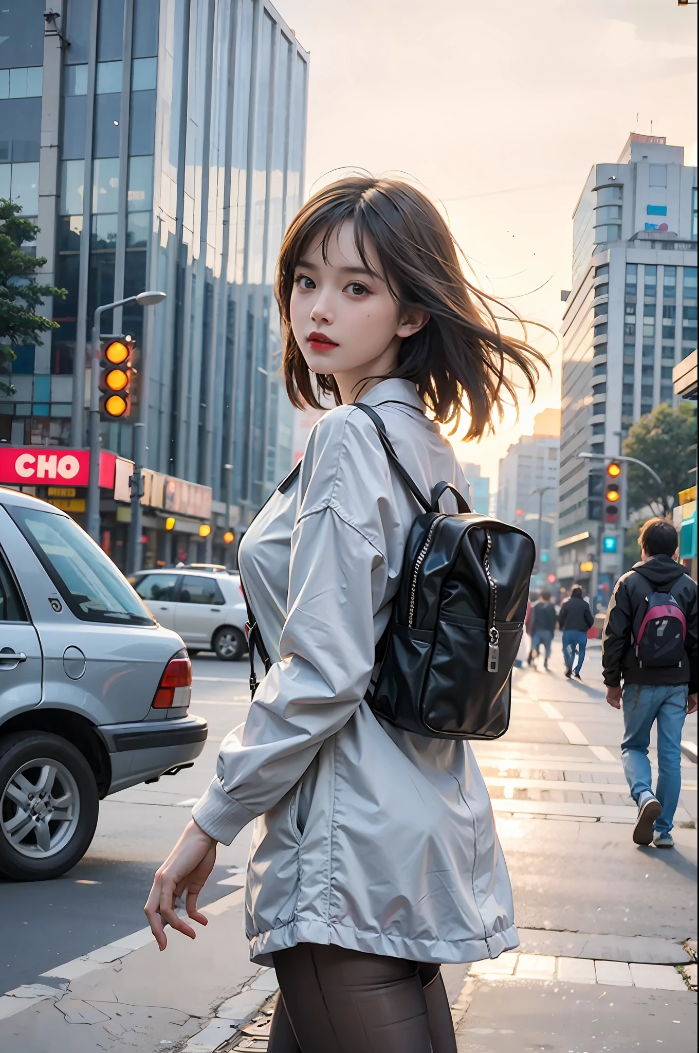 masterpiece, best quality, realistic:1.3, 1girl, cute, cityscape, street, cyberpunk, sunlight, backlighting, ((((hdr)))), intricate scene, artstation, intricate details, vignette, saigon vietnam in 1990, wet, professional lighting, photon mapping, radiosity, physically-based rendering, Nguyen Hue walking street, cyclo, antique car