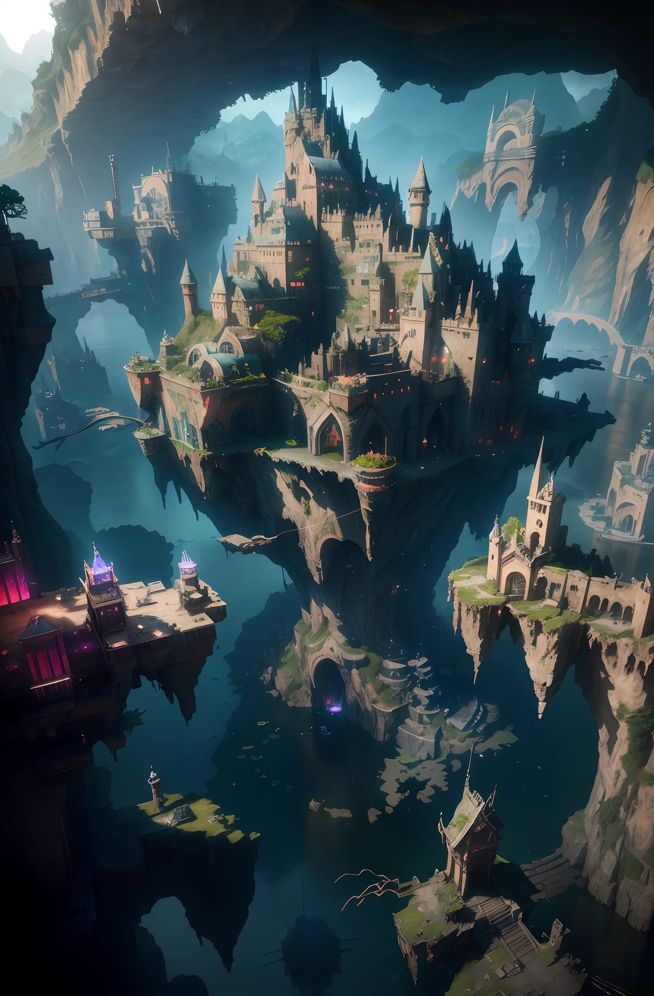 a picture taken from a video game of a castle on a cliff, 4k highly detailed digital art, 8 k high detail concept art, fantasy matte painting,kawaii, Unreal Engine fantasy art, detailed fantasy digital art, mountain fortress city, Detailed 4K concept art, fantasy city background, detailed digital 2d fantasy art, 2. 5 D CGI anime fantasy artwork,(8K, OriginalPhotographs, Best quality, masterpiece:1.2), (Realistic, photo-realistic:1.37), octane rendered, ultra-highresolution, Ultra-detailed , Professional lighting, Photonic mapping, radiosity, Physically-based rendering, UE5, ((Island sanctuary)), ((ancient fallen kingdom)), ((reflection in water)), ((raytraced)), ((drowned city)), (Depth of field), landscape,Cyber style