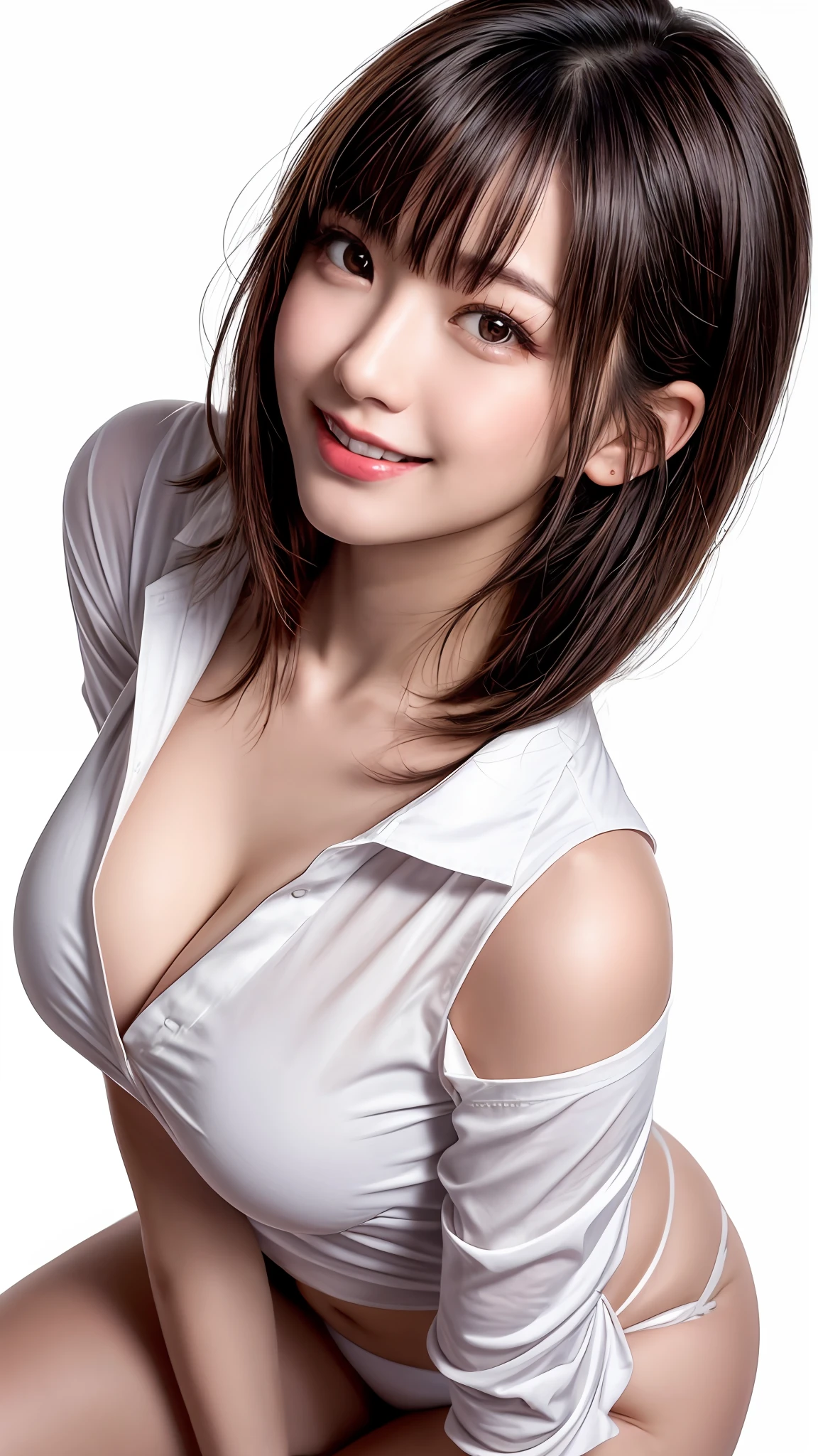 Pee (incontinence: 1.47), fashion trendy beautiful and attractive woman, gentle and attractive Chinese beautiful woman, Korean (kpop idol), delicate and sexy collarbone, attractive oval face, double eyelids, smart [peach] flower eyes, pink lips, small nose, bare shoulders, focus on face, [[face close-up], ultra high definition, super detail, White off-shoulder lace shirt, (((white lace panties), fresh and impressive, natural (large: 1.25), (kneel on the ground), (legs wide open), (legs spread), (from a low angle), (upright 1.5), (shiny skin: 1.4), (low angle)), perfect figure, areola, cleavage, armpit wrinkles, (floor urine)), (NSFW: 1.05), ( Showpiece, top quality, high precision)), one girl, (big, photorealistic: 1.4), (slightly above the camera, looking up at the camera, looking up, looking up at the camera, staring at the camera))), solo, solo, white background, snow-white background, mouth closed, happy smile, pretty black hair, short hair, big eyes, pronounced double eyelids, eyelashes, ears out, long neck, long neck, Absolute area, ((close-up of face, short hair with bangs)), 19 years old, attractive proportions, shiny skin, clean collarbone, golden ratio face, perfect face, teardrop mole, chest mole, bangs, clean bangs, beautiful bangs, lip gloss, thin lips, white skin, undressed, big breasts, small face, staring at the camera a little upwards, ((smiling a little at the camera, really nothing pure white background, very big, big big, big breasts)), ((((uniform, shirt))))