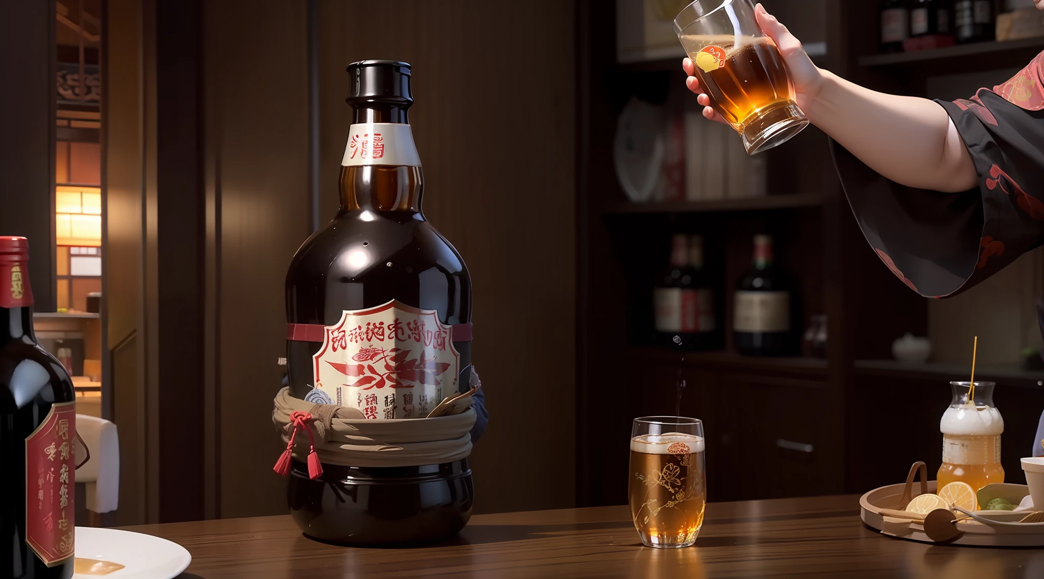 zhongguo. Baijiu，high-definition，Japanese style room，Wooden table，Retro，There is light，8K，There was a woman holding a cup in her hand，Moutai，Small wine cups Don't show your face ，The bottle is written Chinese liquor --auto