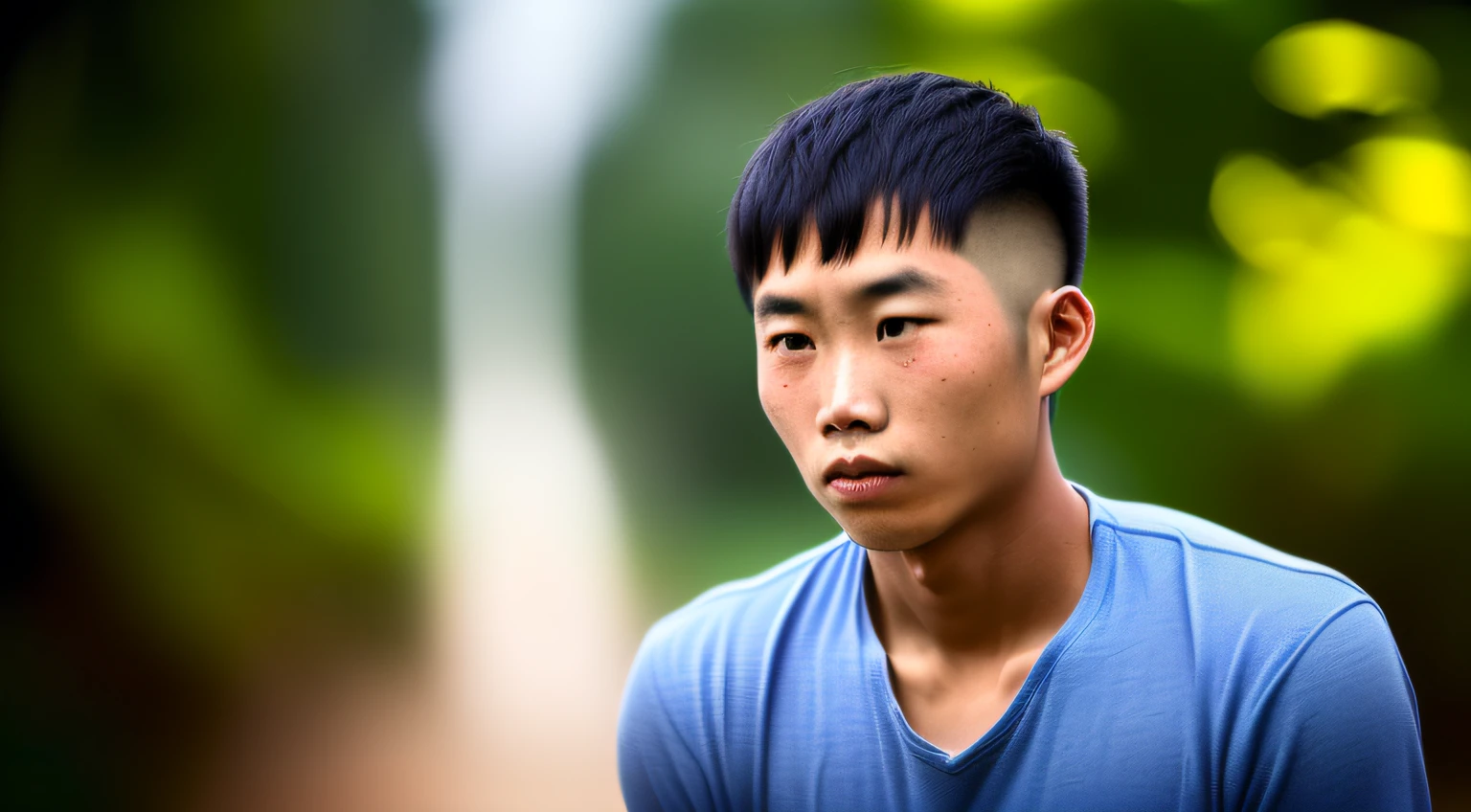 The story of a young disciple named Punna, homen, 22 anos, careca, magro, Chinese. Uma imagem em close-up do rosto de um idoso vietnamita, illuminated by the light of the sky, com uma floresta ao fundo.