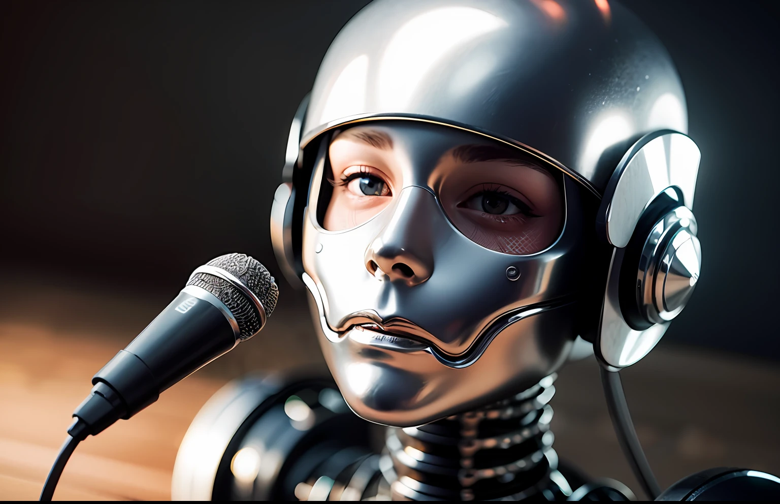 сложный 3D-рендер, ultra detailed beautiful porcelain android woman face, She holds the microphone like a DJ, zolotisní world, robotic parts, 150 mm, Beautiful studio soft light, Edge light, Striking details, Luxury cyberpunk, lace, hyperrealistic, anatomical, facial muscles, cable, electrical wires, microchip, elegant, beautiful background, Octane imaging, стиль HR Giger, 8K, the best qualityt, The Masterpiece, llustration, Extremely thin and beautiful, Extremely detailed, CG, unity, wallpaper, (realisti, photo-realistic: 1,37), startling, Finely detailed, The Masterpiece, the best qualityt, offical art, extremely detailed wallpapers Computer graphics Unity 8K, Absurd, incredibly absurd, robot, Silver helmet, The whole body, sedentary