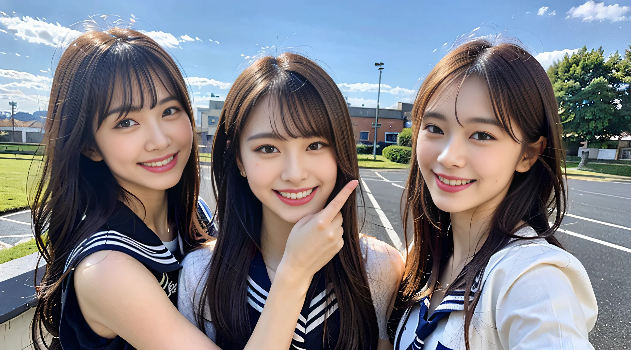 (8K、Raw photography、best qualiy、The Masterpiece:1.2)、Ultra Verbose、Super Resolution、(Realstic、real pictures:1.37)、(photorealestic:1.6)、Realstic, 35 mm, Intricate Details, AJC, Intricate Details, Ultra Detail, Natural skin texture, Surreal, sharp,High-quality image taken by camera from above Eating lunch on the roof of the school。、Fantastic scenery、Modern School Uniforms、Stylish sailor suit、School rooftop、lunch break、Stylish school、futuristic cities、School of the Future、In the future、A futuristic world、Fantastic world、New World、High-resolution RAW color photos、professional picture、Very detailed and beautiful、(Pointing at the camera)、(Spread your hands wide and your palms facing us)Real Light、A smile that makes you see your teeth、Beautiful scenery mixed with light、Highly detailed sailor suit、Amazingly cute female proofreader、Amazing cute smile、Transcendent cute face、Amazing details、red scarf、Beautiful girls in very detailed、Faces with different patterns、、One has a ponytail、Modern cute high school girl、Very detailed face Very detailed eyes、Very realistic skin、 extremely detailed fingers, extremely detailed nose, extremely detailed mouth, flawless anatomy, Highly detailed sailor suit、high detailed backgrounds,After school、。Smiles overflow、、Long straight hair, (Blunt bangs:1.2), 、Schoolgirl youth Celebrity-level cuteness 、(Pink Eye Shadow)