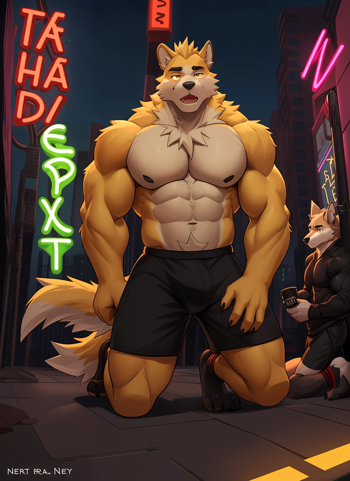 cooper krager, 独奏, 1boys, Male focus, very muscly, chest muscle, muscle male, Briefs, Sharp nails, nightcity, Neon Sign, Hairy, Yellow fur,full - body,Full ,thick legs,Black socks,Kneel on both legs,Lewd expression,kneels on the ground,Single person