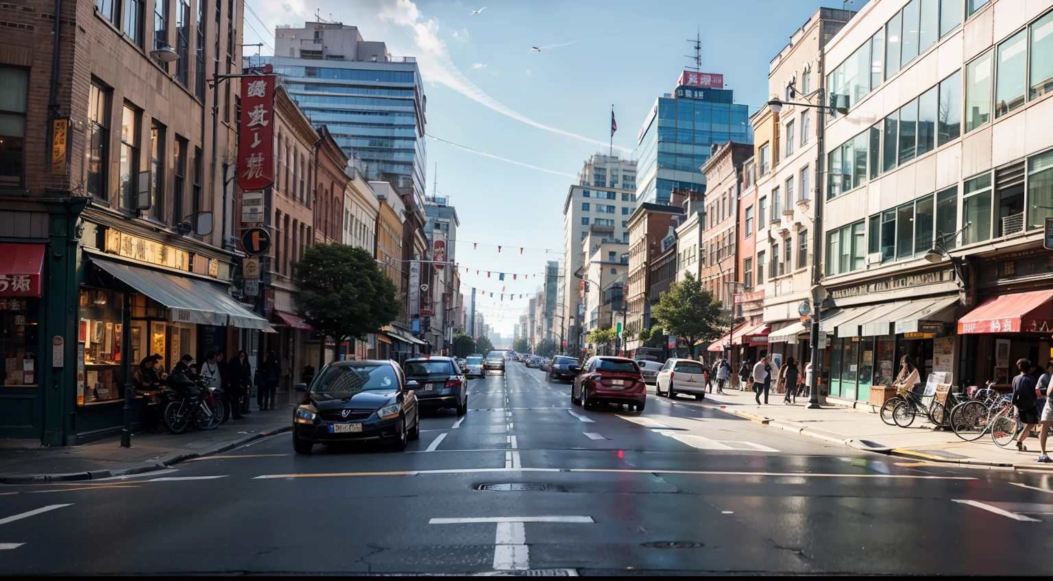 photos、beautiful photo、Realstic、Clear photos、high buildings、Bustling street、shopping street、The car gets closer