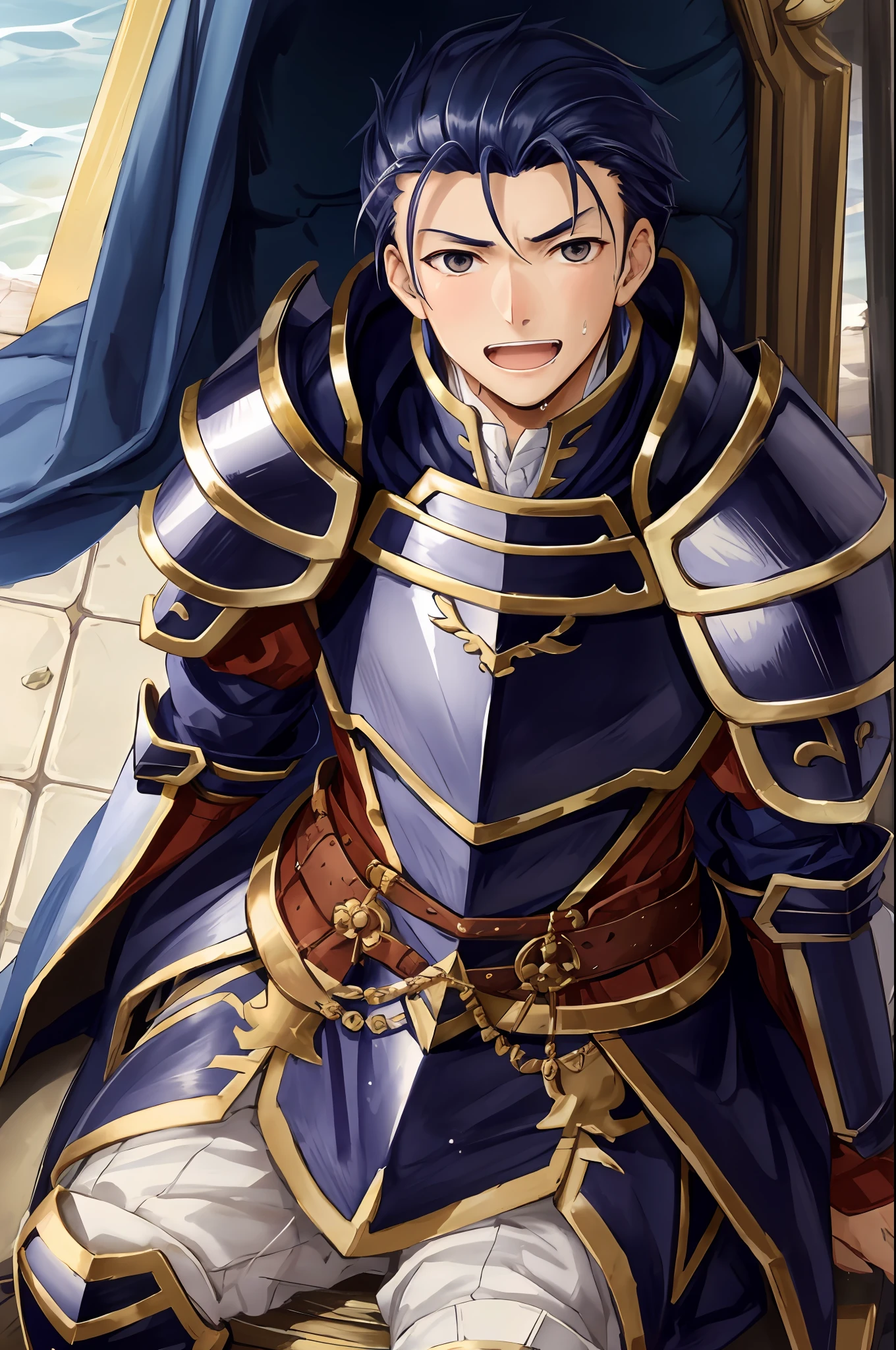 Hector Fey， 独奏， looks at the viewer， Teasing laughter， Open your mouth，droolng，perspire，Drenched，Get wet，mitts， 1 man， Male focus， Sit straddled（sitting in chair），Cloak， Armour， Shoulder armor， pov from below