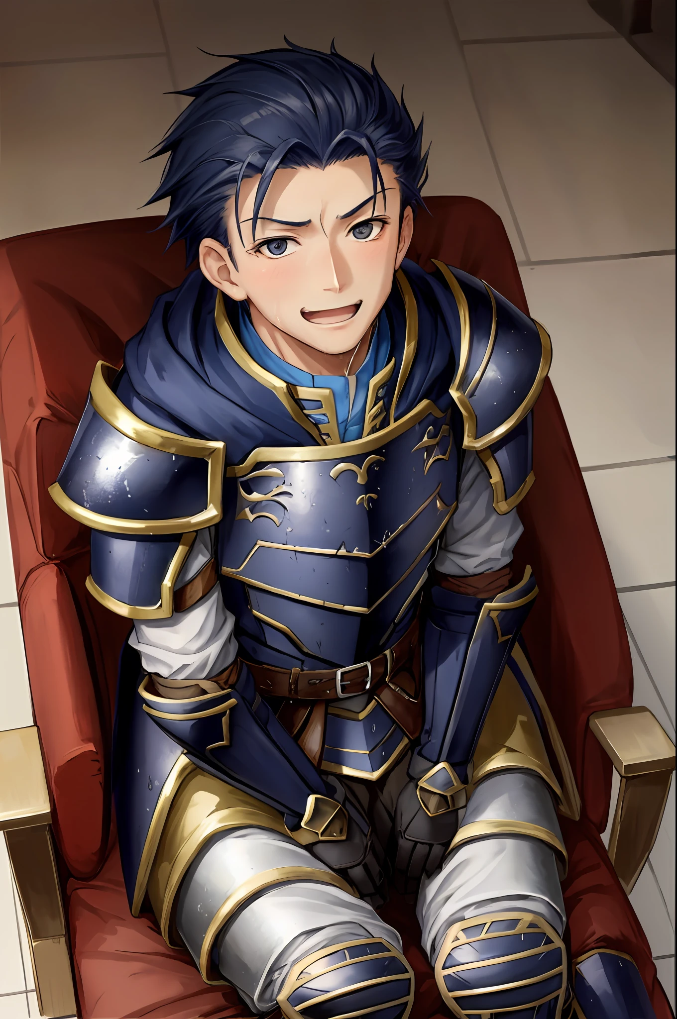 Hector Fey, 独奏, looks at the viewer, Teasing laughter, Open your mouth,droolng,perspire,Drenched,Get wet,mitts, 1 man, Male focus, Sit straddled(sitting in chair),Cloak, Armour, Shoulder armor, pov from below