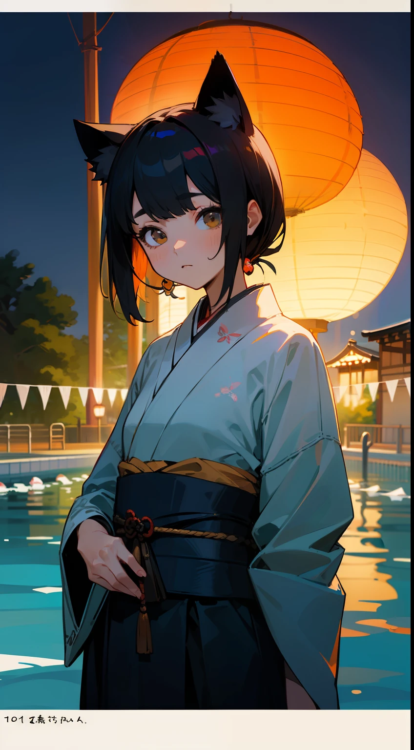 ((Master Masterpiece)), ((Top image quality)), illutstration, The girls1Guys, Hair color, Bangs, Hairstyle Fax,cat ear、 Portrait from the waist up, Slender、Constricted hips、((small udder))、Maiden、kyoto、blackhair、((swim suit))、((top less))、Japan Playground、emotionless、Oiran hairstyle、Japan、paper lantern、