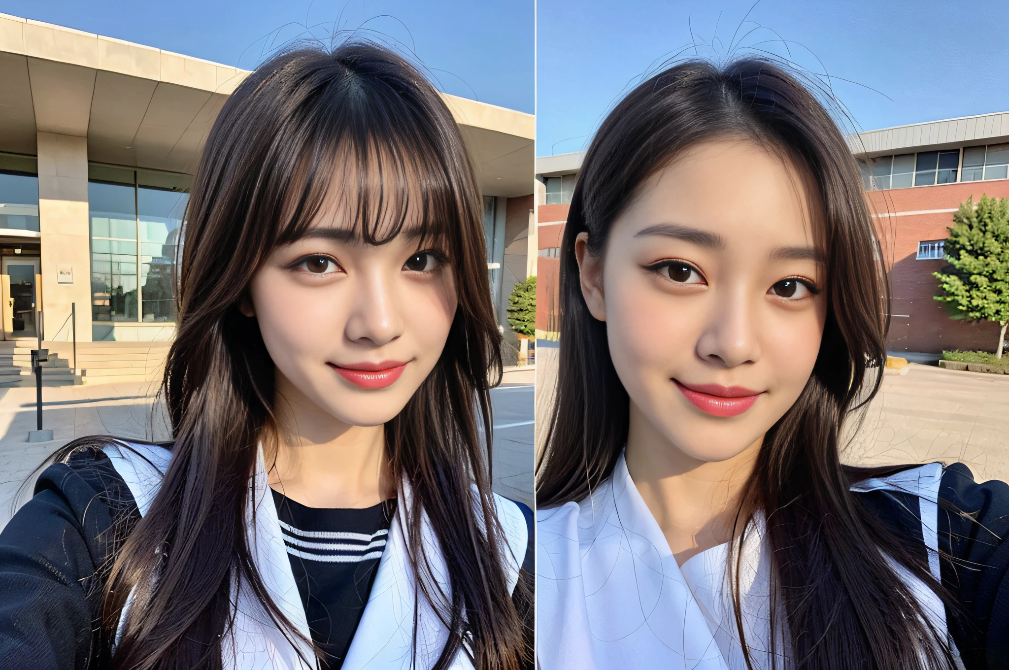 (8k, RAW photos, top quality, masterpieces: 1.2), ultra detailed, super resolution, (realistic, actual photos: 1.37), (photorealistic: 1.6), sweating profusely, uniform skirts (fair skin), modern school uniforms, fashionable sailor suits, school rooftops, real lights, highly detailed sailor suits, amazingly cute female proofreading, transcendent cute faces, amazing details, Red scarf, beautiful girls, very detailed face, different pattern, one is ponytail, modern cute schoolgirl, very detailed face very detailed eyes, very realistic skin, very detailed fingers, very detailed nose, very detailed mouth, perfect anatomy, very detailed sailor suit, very detailed background,after school,. full of smiles, long straight hair, (dull bangs: 1.2), high school girl youth celebrity level cuteness , sailor suit, (pink eye shadow), long straight hair, (dull bangs: 1.2), high school girl youth celebrity level cuteness , (pink eye shadow)