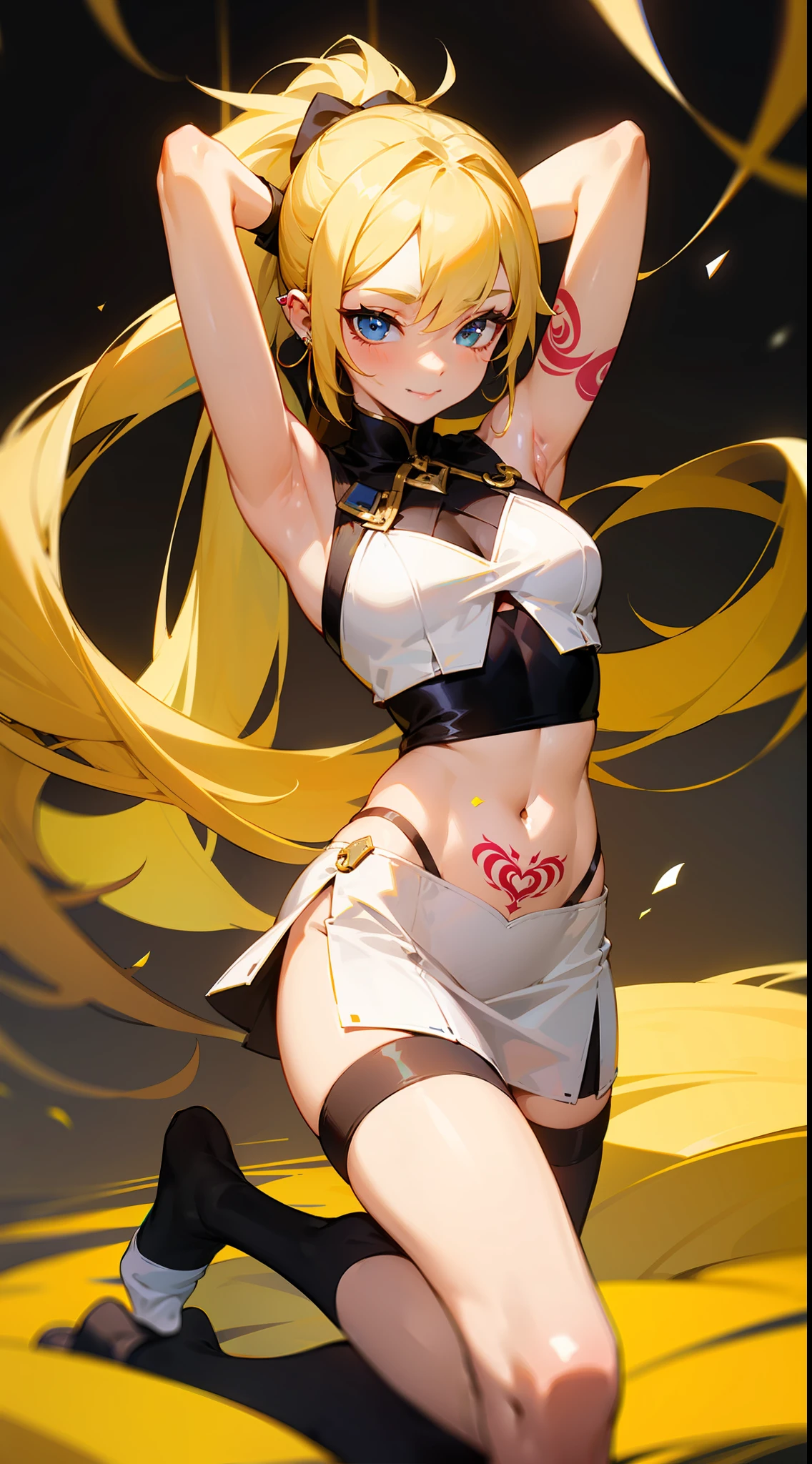 best qulity, 8K,A woman,blonde hair,long way hair,(Double ponytail),(Low-cut crop top),Road chest,Belly button,(microskirt),(Right leg black stockings),(Left leg white silk stocking),(without shoes),(White silk gloves),ear ring,ear studs,(Lots of tattoos),Armpits,A seductive smile,Place one hand behind your head,(lifting one leg),(Raise your legs),(ponytail)