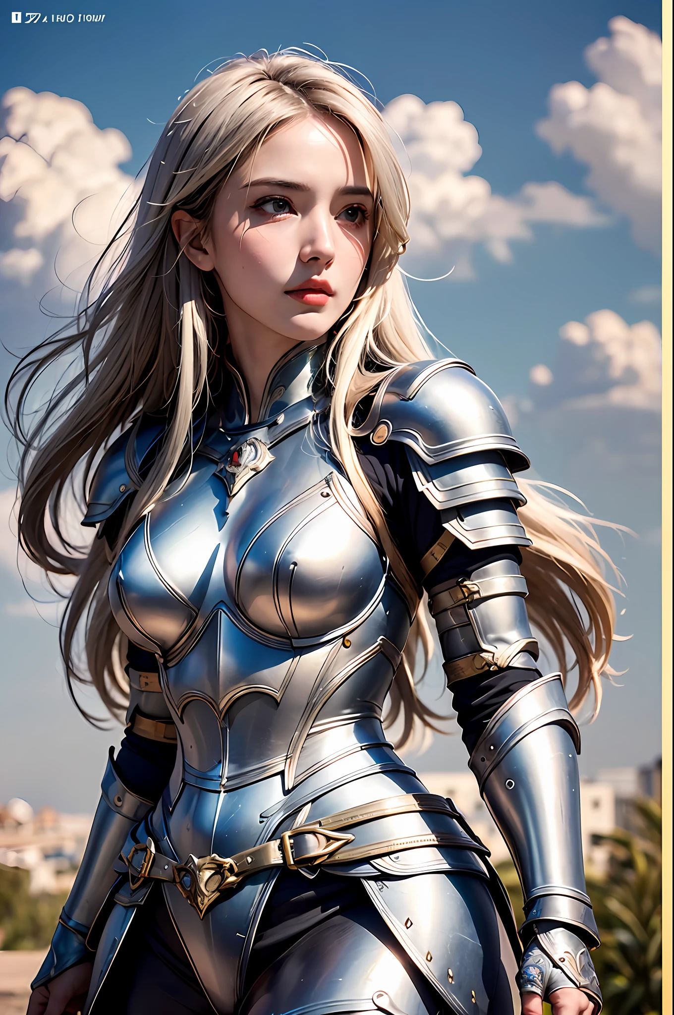 best quality, masterpiece, ultra-detailed, detailed light, (RAW photo:1.2), (photorealistic:1.4),(masterpiece:1.3),(best quality:1.4), 1girl, detailed face, beautiful face, solo, hips up, long hair, sky, dress, armor, cloud, full armor, gold armor