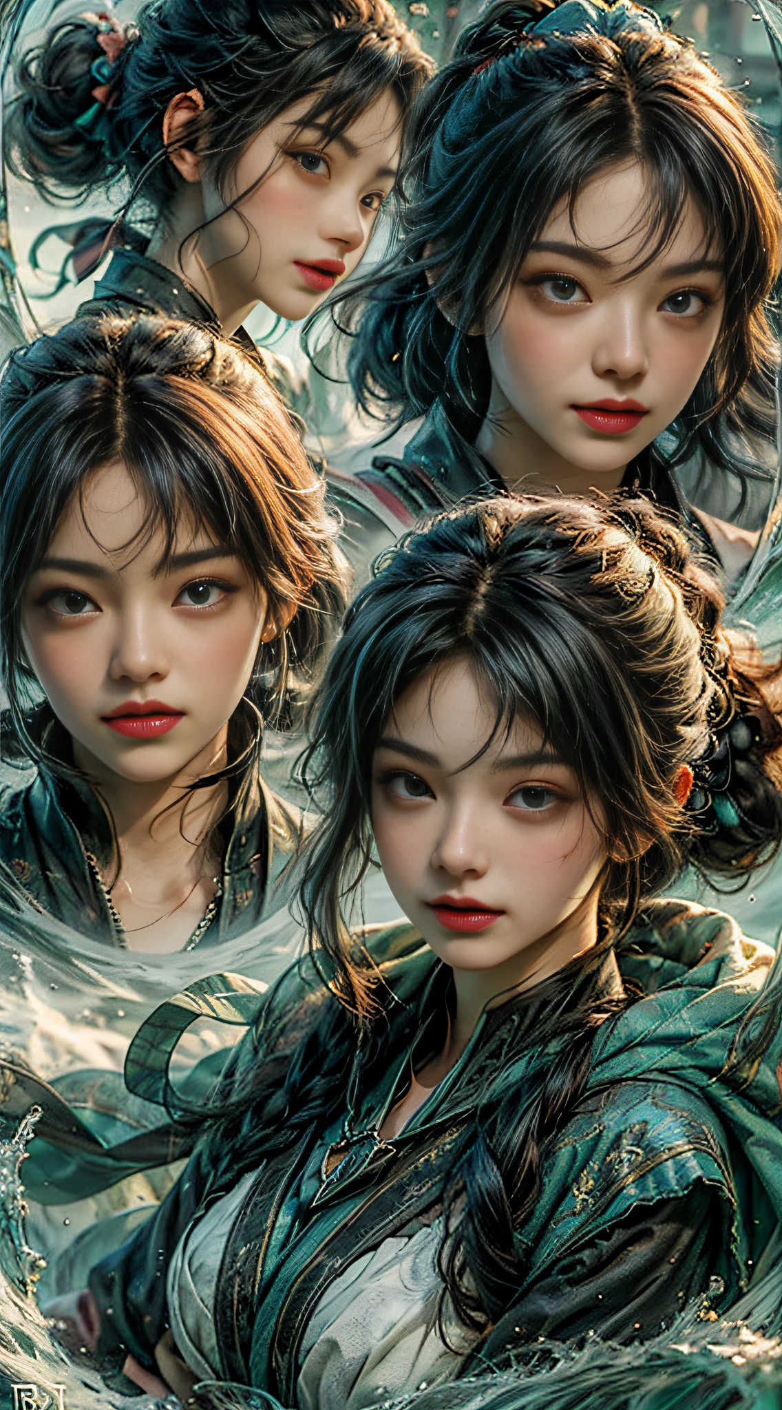 floating hair, hair scrunchie, hollow eyes, seductive smile, rococo style, ray tracing, bust chart, multiple views, Fujifilm, best quality