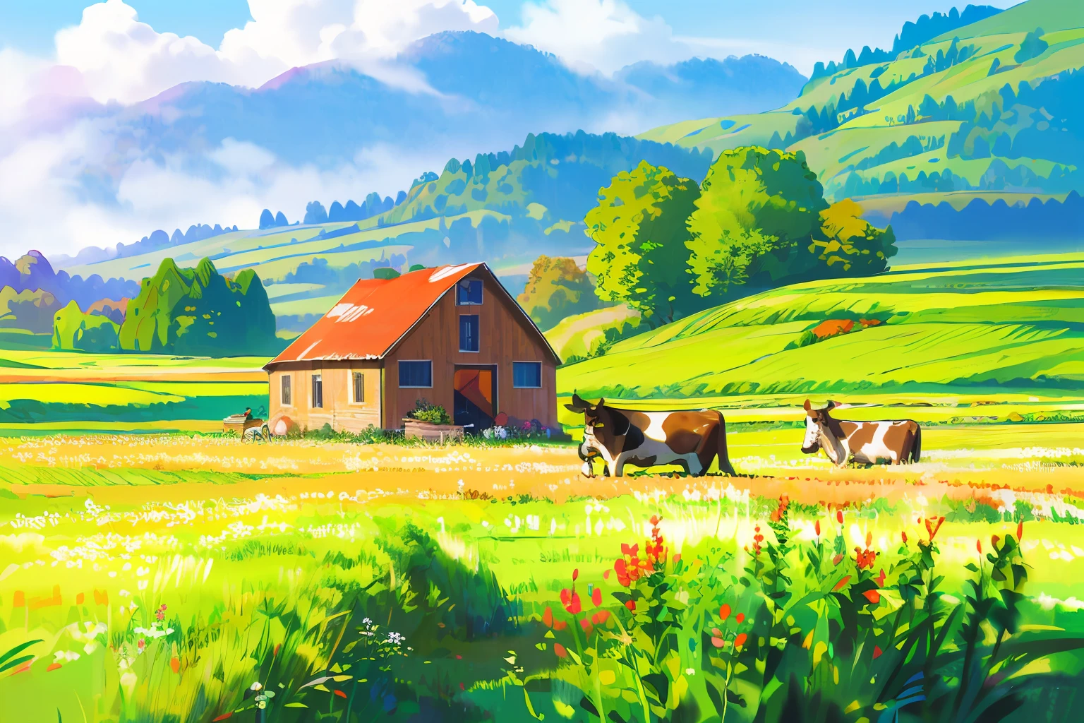 (8k, RAW photo, best quality, masterpiece:1.2), (realistic, photo-realistic:1.37) , (high resolution), (a tan cow grazes:1.3), (in the background a small traditional red barn, farm house and fields of grass and wildflowers), (plains), (idyllic)