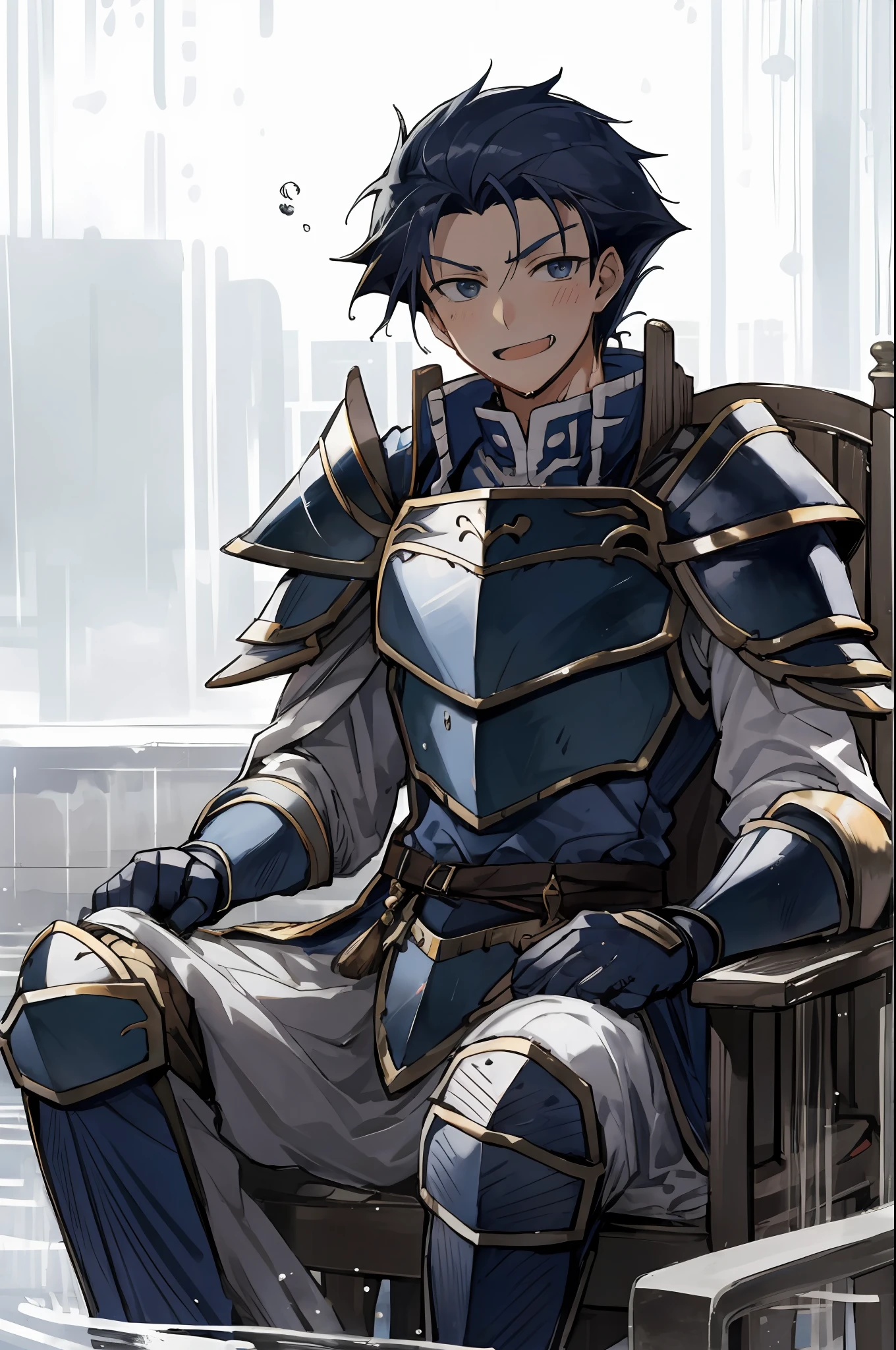 Hector Fey, 独奏, looks at the viewer, Teasing laughter, Open your mouth,droolng,perspire,Drenched,Get wet,mitts, 1 man, Male focus, Sit straddled(sitting in chair),Cloak, Armour, Shoulder armor, pov from below