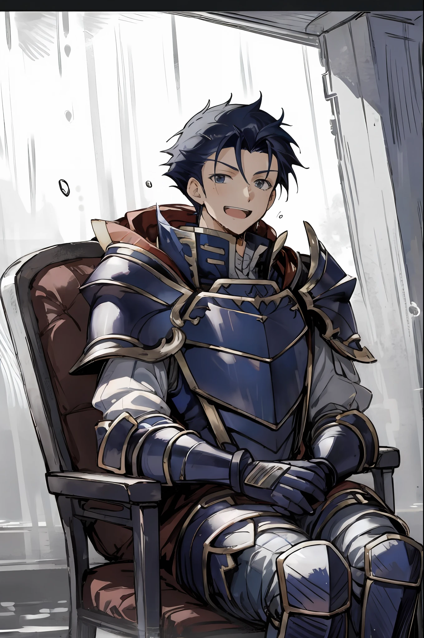 Hector Fey, 独奏, looks at the viewer, Teasing laughter, Open your mouth,droolng,perspire,Drenched,Get wet,mitts, 1 man, Male focus, Sit straddled(sitting in chair),Cloak, Armour, Shoulder armor, pov from below