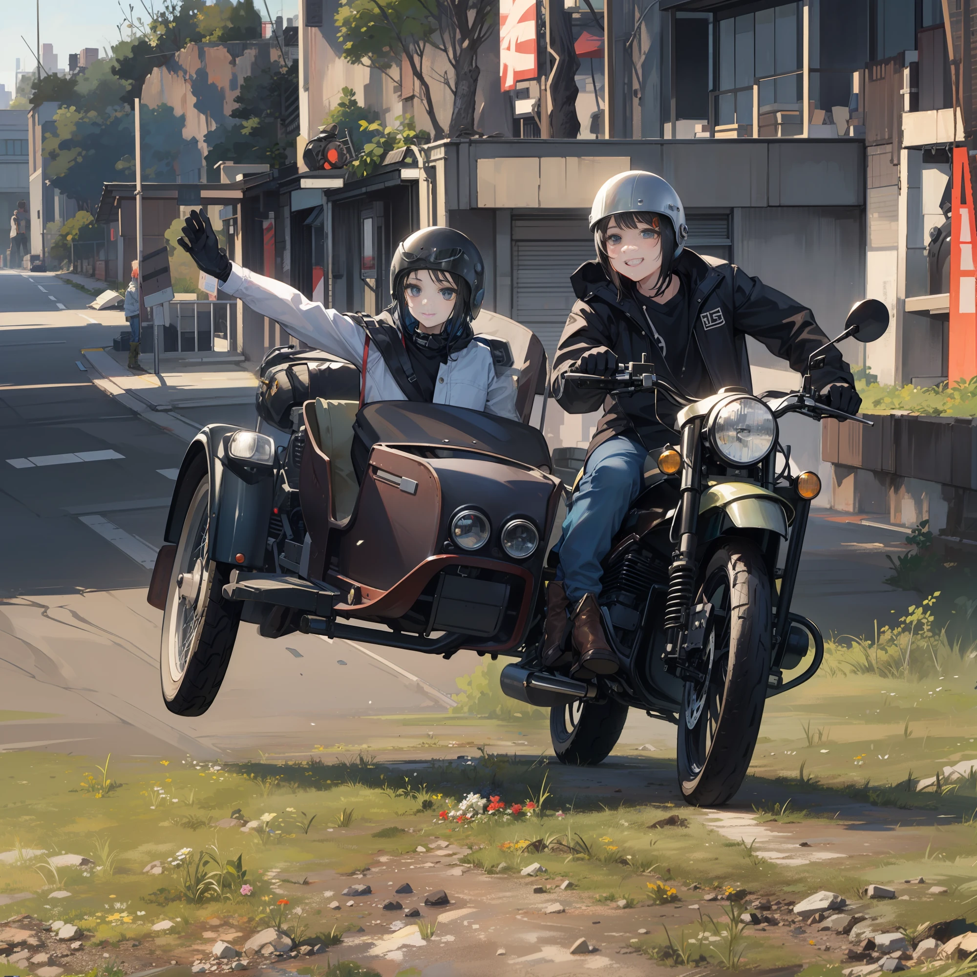 Two beautiful girls、Sorrisos、Long black hair、helmet、Short Bob Brown Hair、goggles、Smile、Motorcycle Trip、Ural sidecar、Leather Jean、Damaged jeans、Bike Gloves、Engineer Boots、Horizon、bike, wasteland, Motorcycles,riding, adventure、Road Movie、