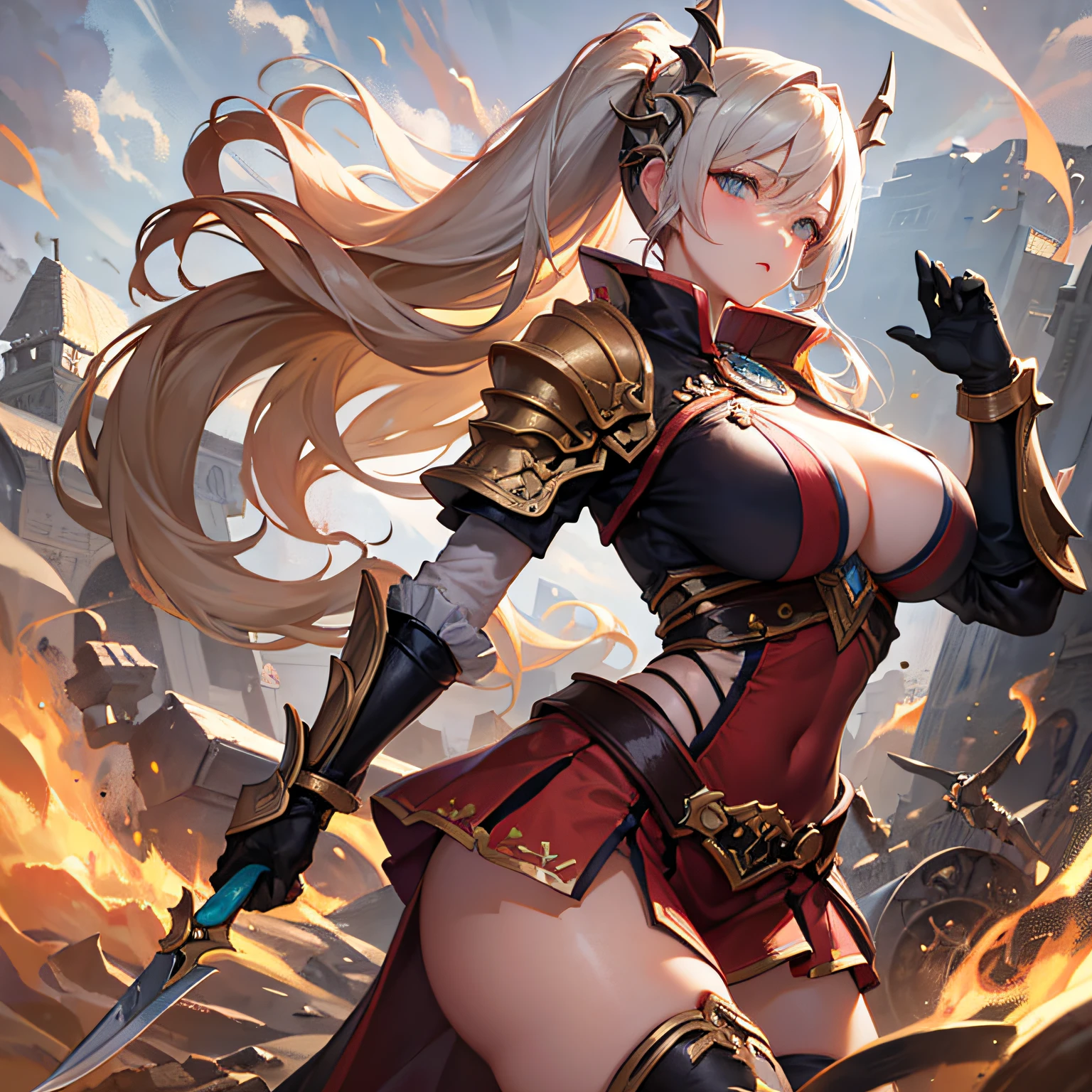 Peerless beauty，Perfect slim body，Mature royal sister face，Double ponytail curls，Knight armor，Sexy and seductive，Nice face，Full body like，4K quality，Feminine expression，Blush shyness，Star-like deep eyes，Huge breasts，short  miko skirt，Knife pulling posture。Overflowing bust，Fight Warcraft，speed lines，best possible quality，The Masterpiece，Magnificent background，On the battlefield，Clothes are broken