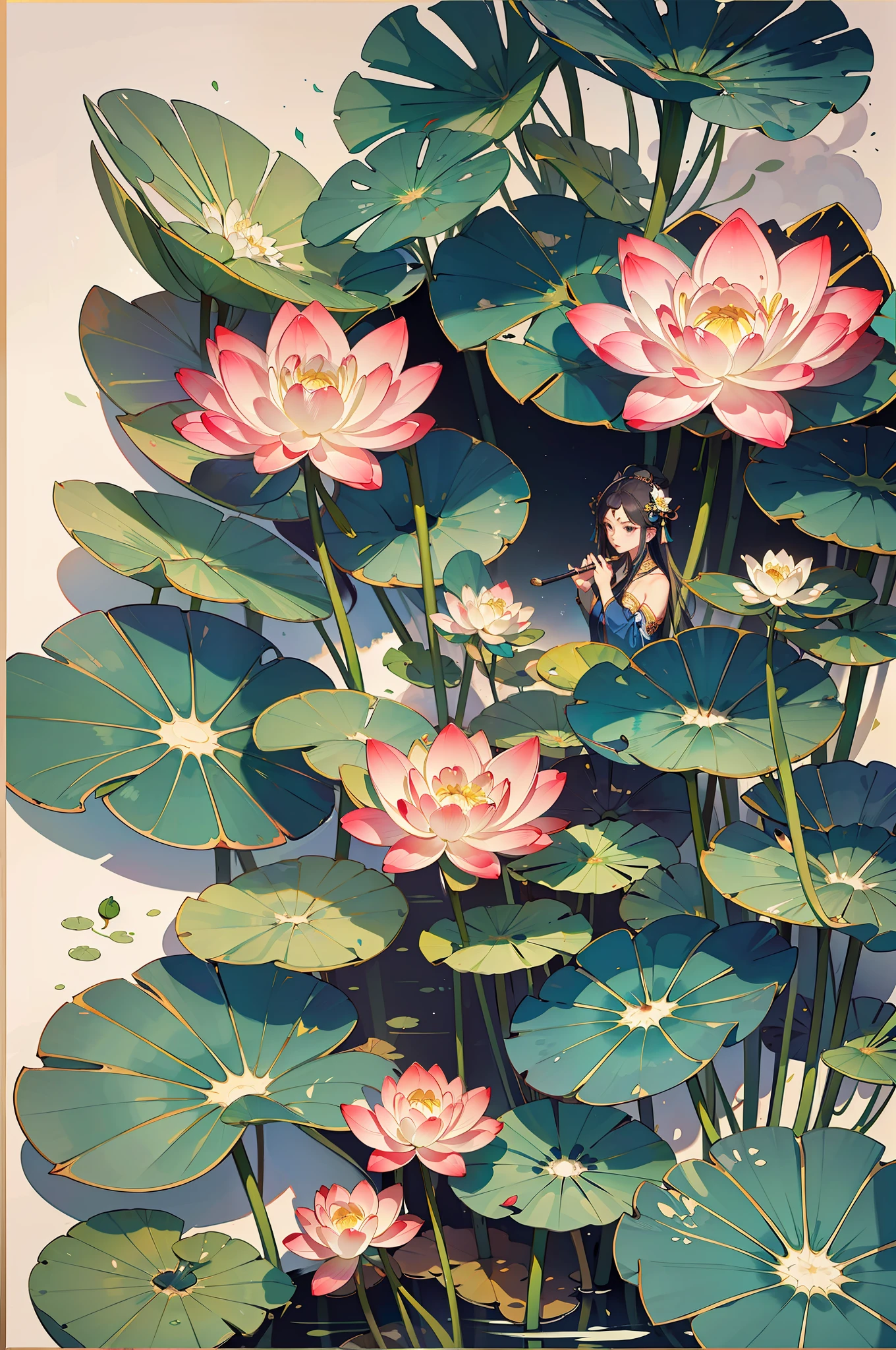 Big lotus leaves, lotus flowers, ink painting style, clean colors, ink style, smudging, decisive cutting, white space, freehand, masterpiece, super detailed, epic composition, high quality, highest quality, lotus fairy, ancient style, Dunhuang flying sky